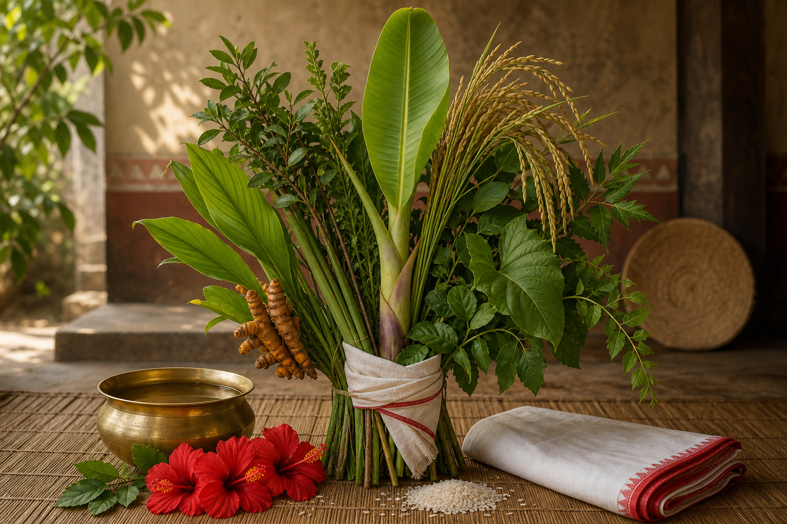 Nine different ritual plants are bundled around a young banana plant beside a brass bowl, flowers, rice and a folded red-bordered sari.