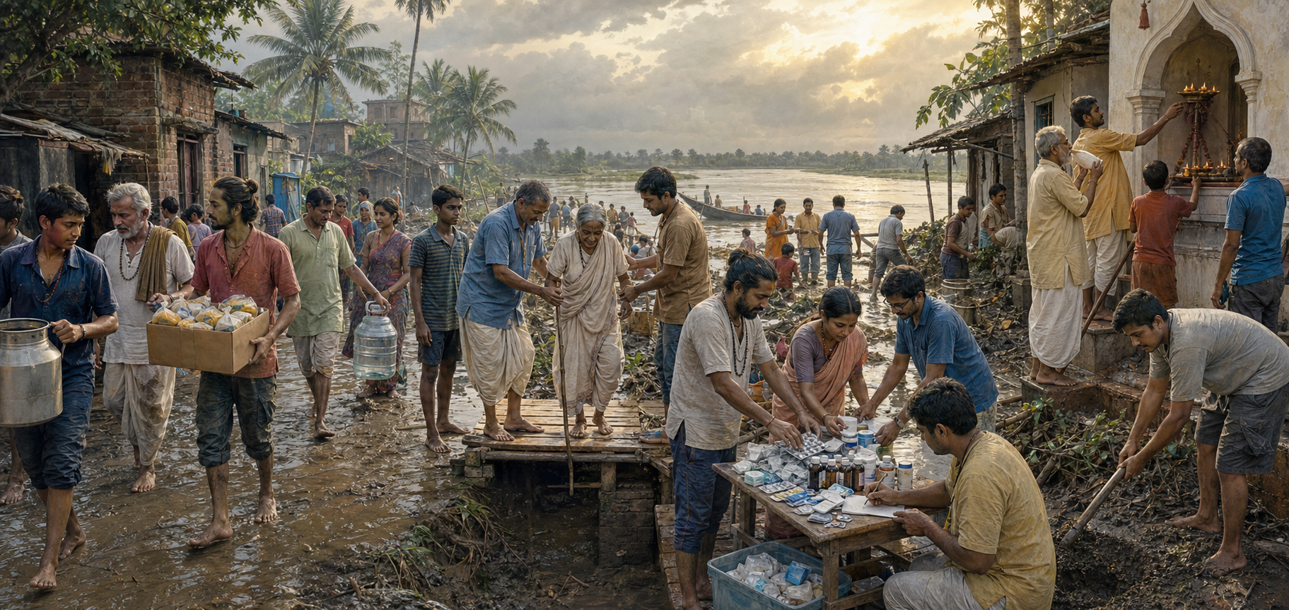 Hindu volunteers from varied backgrounds distribute supplies, assist residents, clear mud, and restore a flooded Bengali riverside neighborhood.