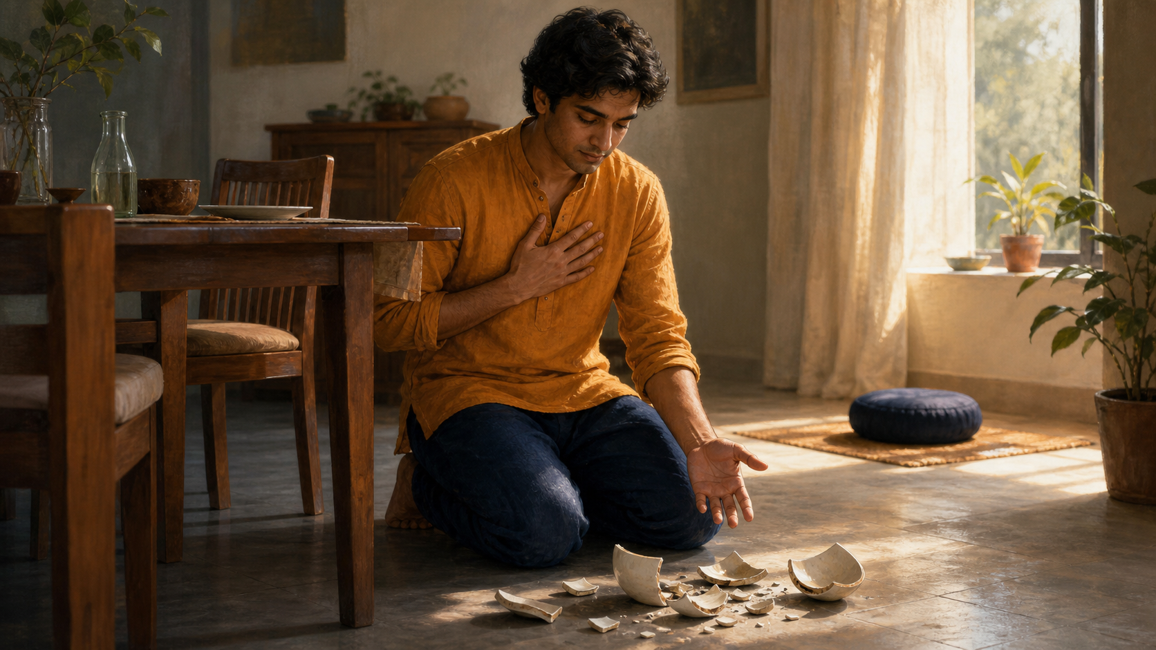 A person pauses calmly beside a dining table after dropping a ceramic bowl, with broken pieces on the floor and a meditation cushion near a sunlit window.