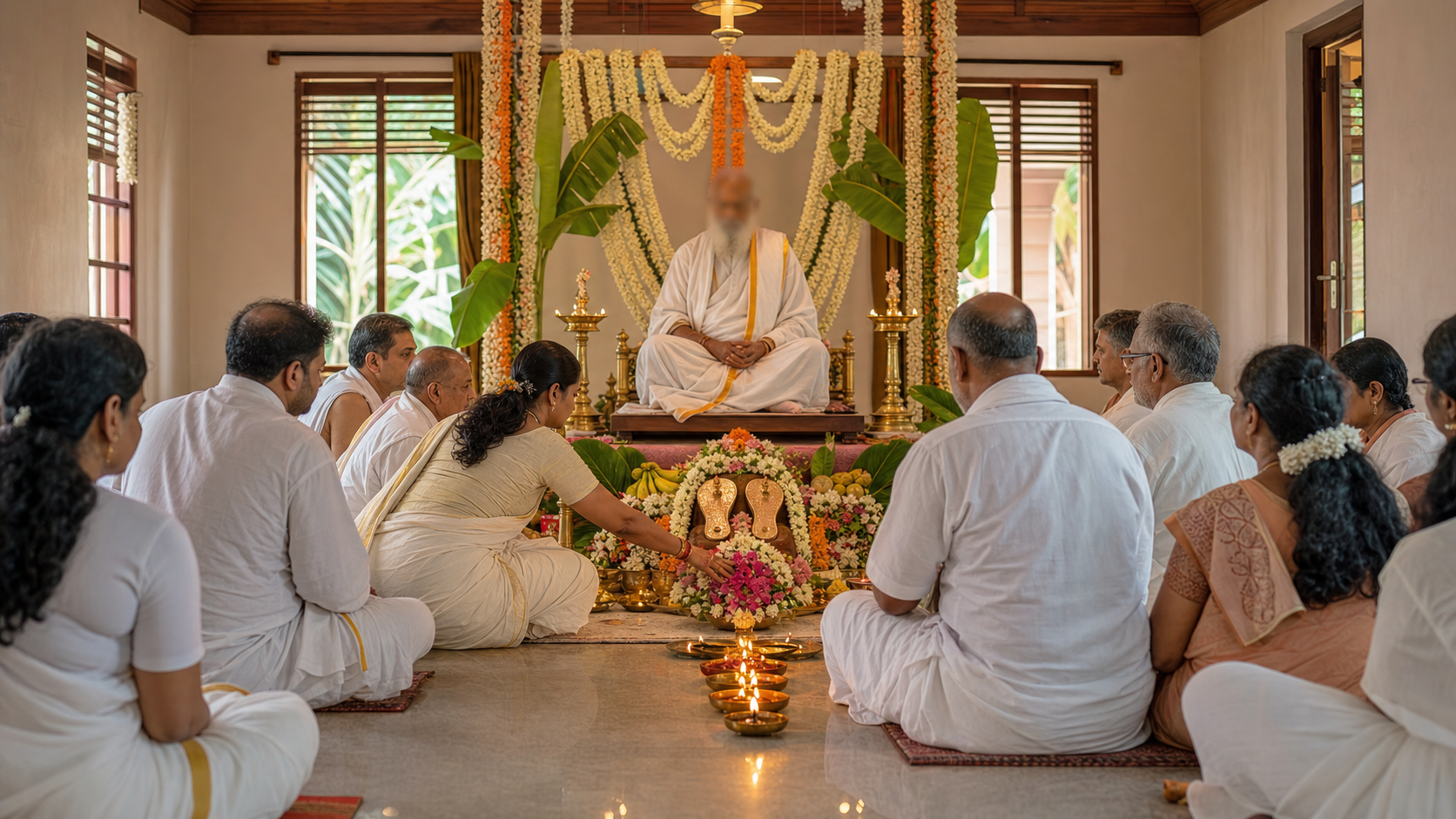 Devotees sit before a spiritual teacher, flower offerings, ceremonial sandals, and oil lamps during a Guru Purnima observance in a community hall.