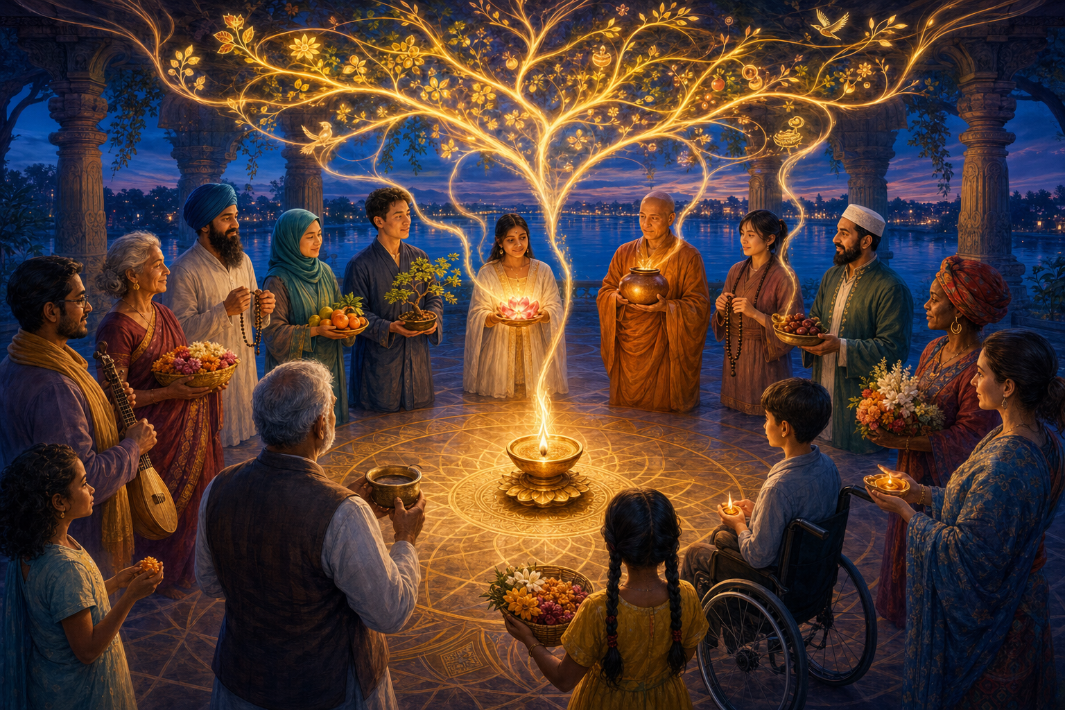 A diverse circle of devotees holds different offerings around a shared lamp as interwoven light forms a canopy above them.