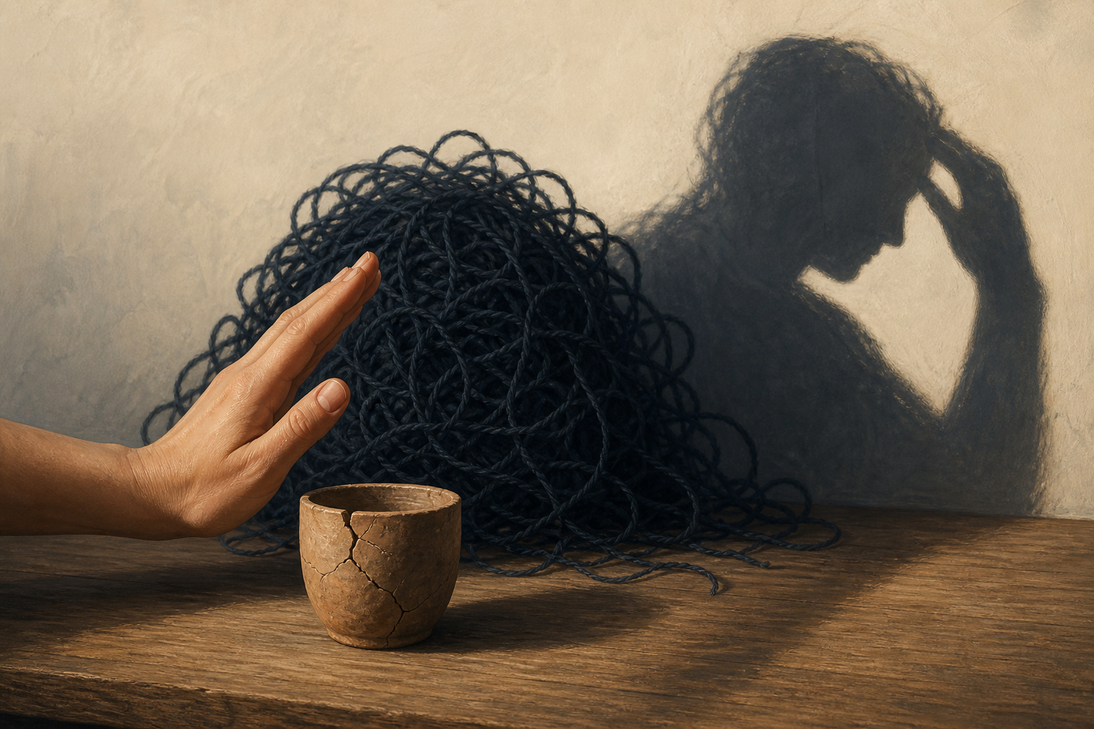A hand separates a cracked clay cup from a dark tangle of thread that casts an oversized human-shaped shadow.