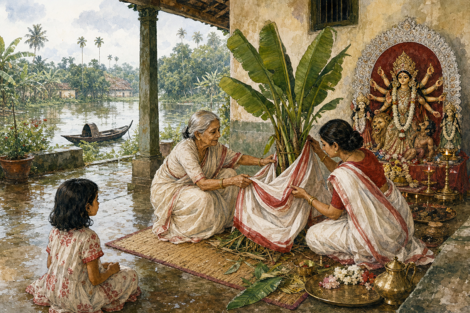 Three generations of a Bengali family prepare a sari-draped sacred plant bundle in a courtyard overlooking a pond and lush riverine landscape.