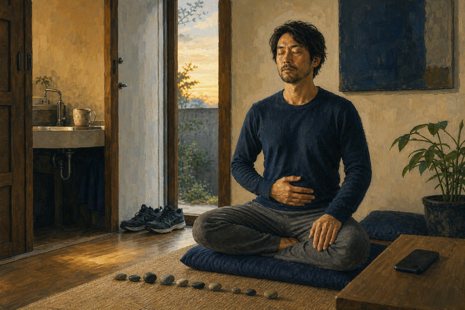 A practitioner observes their breathing on a cushion beside arranged pebbles, with a kitchen cup, walking shoes, and a face-down phone visible nearby.