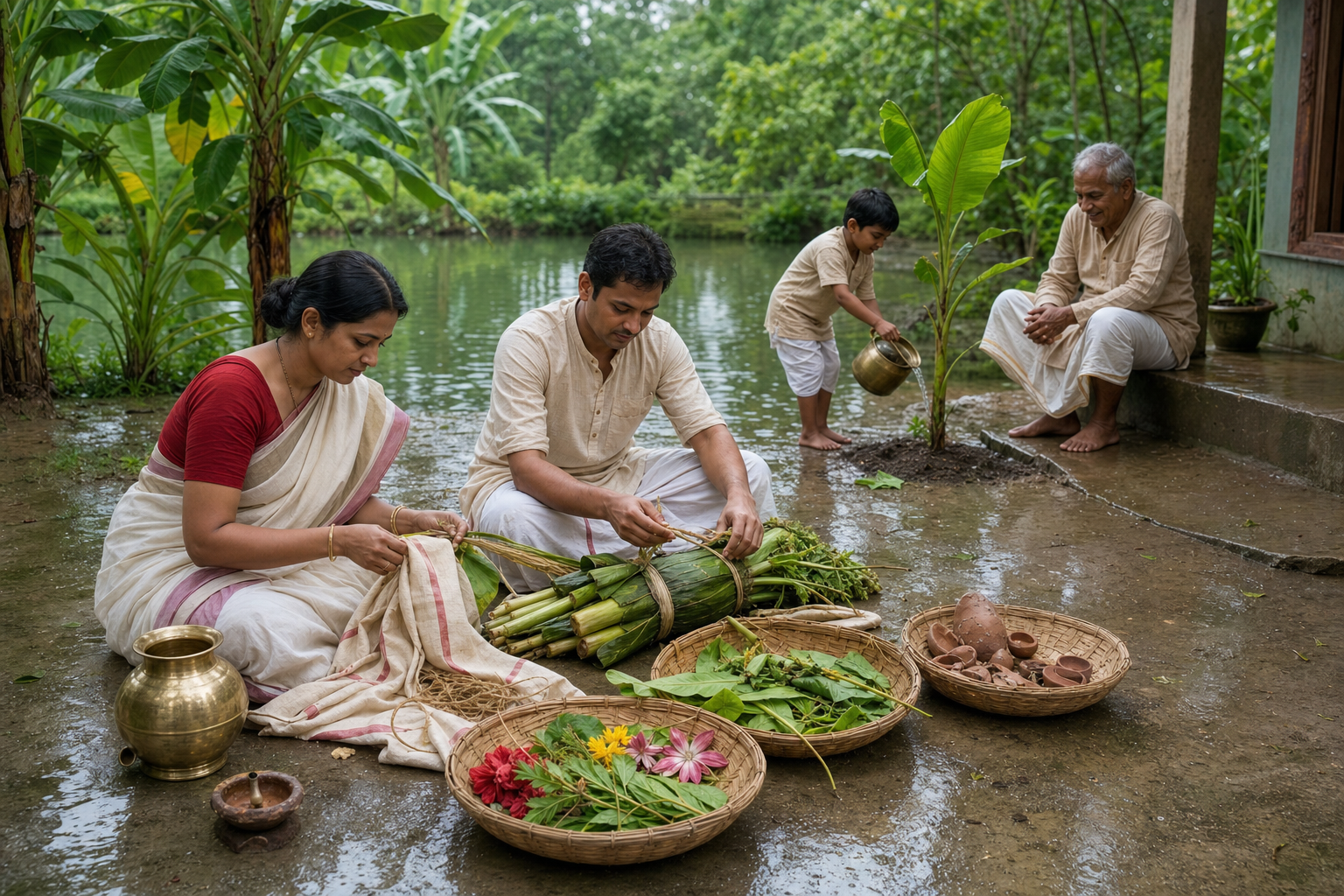Family members separate natural ritual materials into woven baskets while a child waters a banana sapling in a green Bengali courtyard.