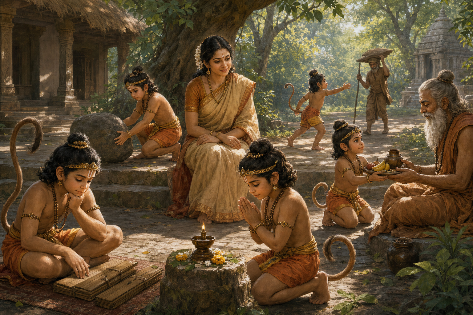 Anjana oversees young Hanuman studying, controlling his strength, serving an elder, praying beside a lamp, and responding to someone in need.
