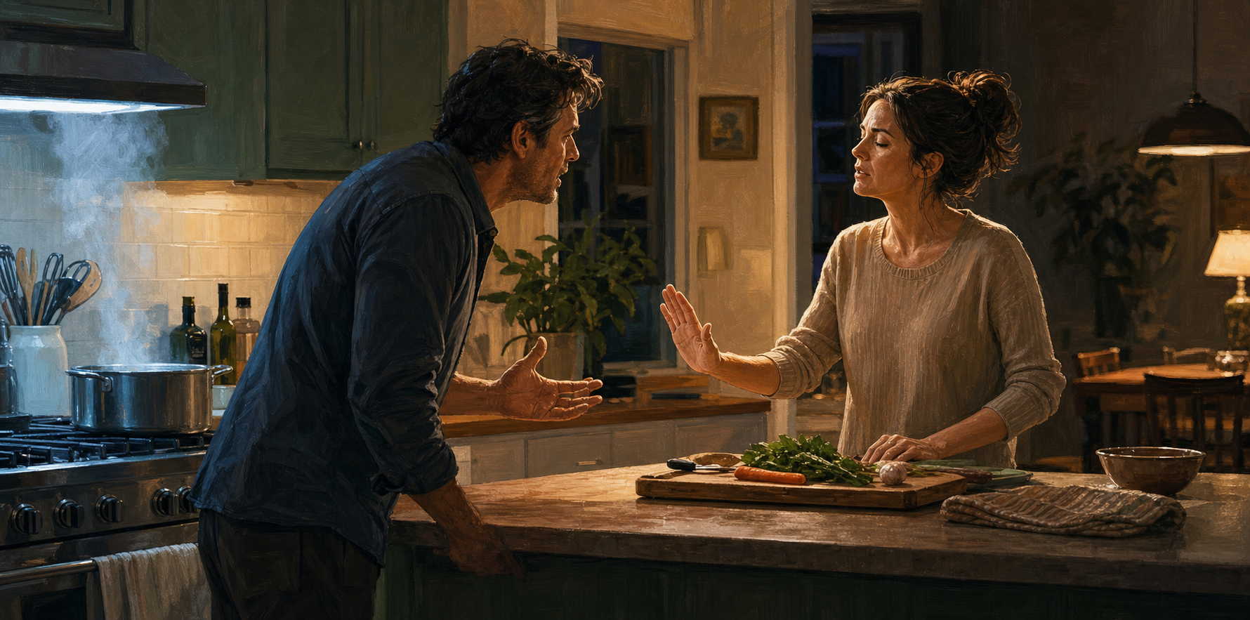 Two adults pause during a tense kitchen conversation as one lowers their shoulders and opens a hand before responding.