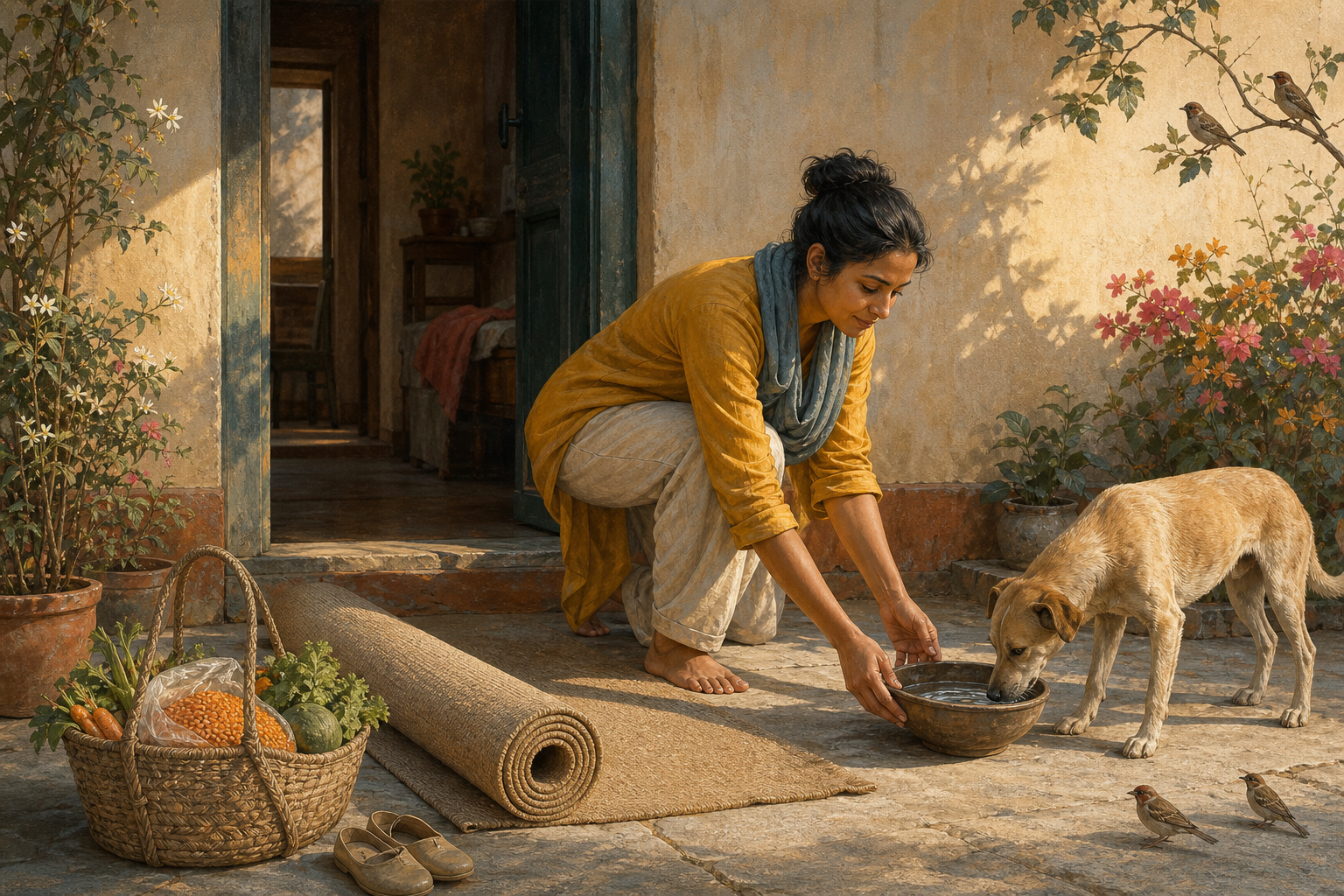 A yoga practitioner in a sunlit home courtyard places a bowl of water beside a street dog near a rolled yoga mat and a basket of vegetables.