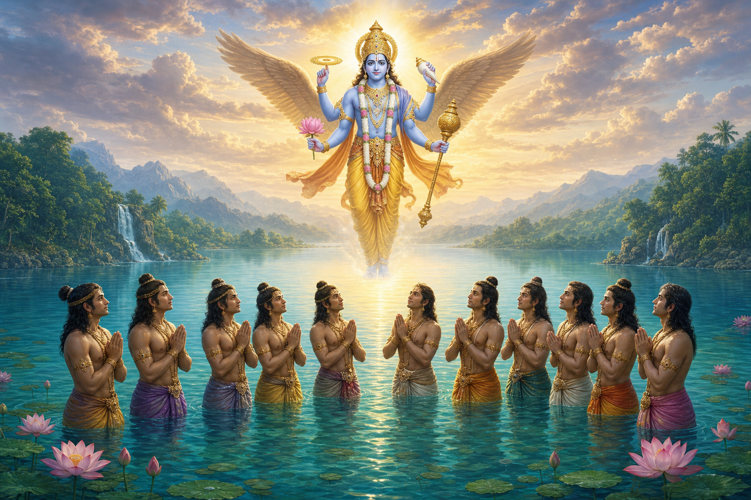 Ten royal ascetic brothers pray together in a lotus-filled lake as a radiant four-armed Vishnu appears above the water.