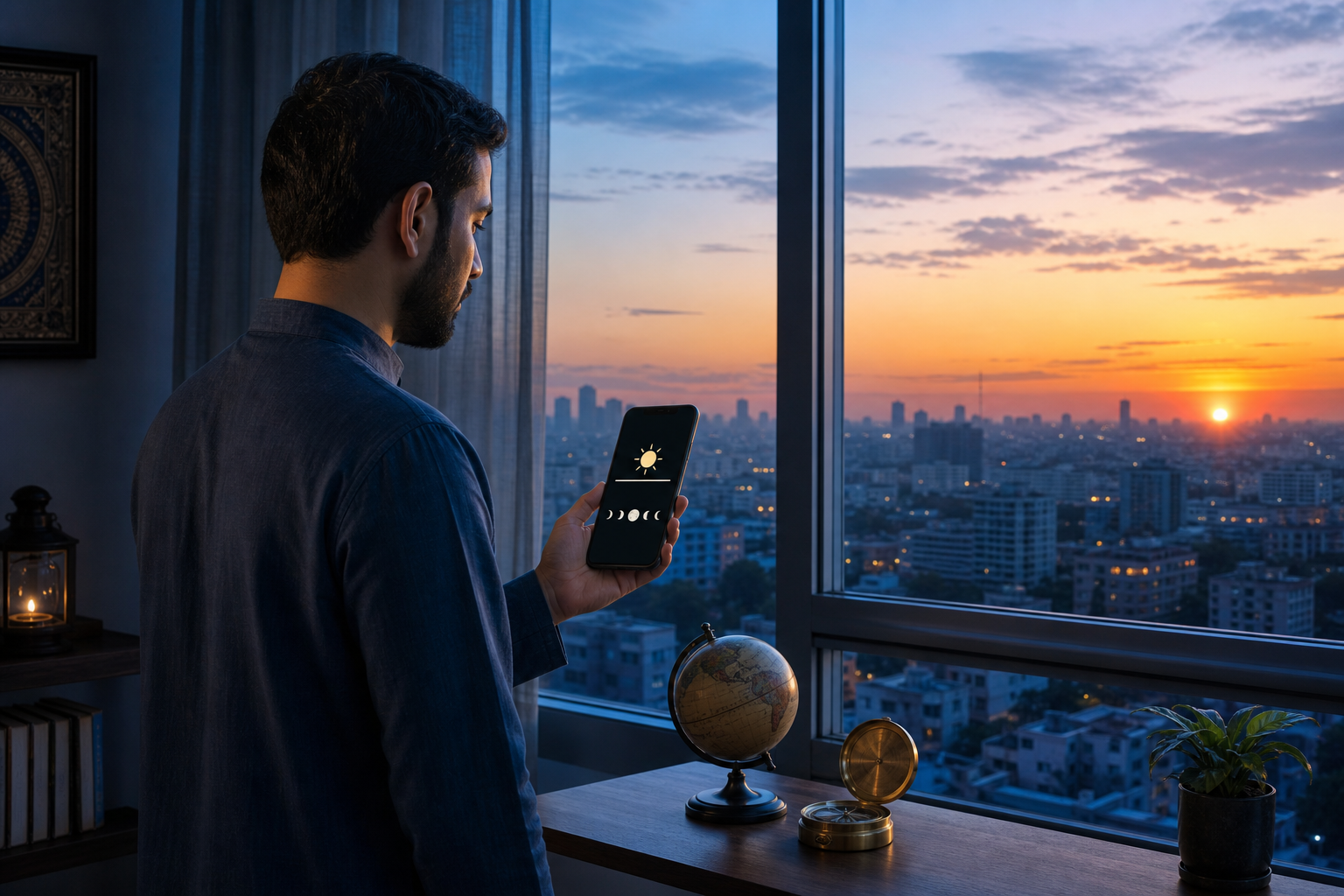 A person checks sunrise and lunar symbols on a phone beside a globe as dawn reaches a city skyline.