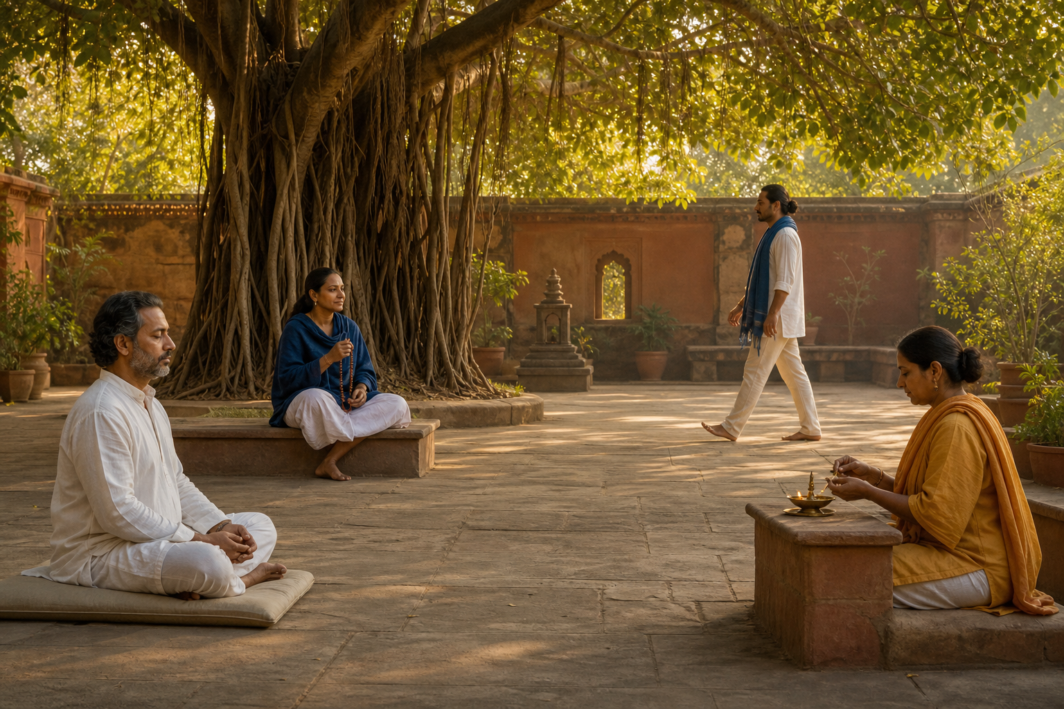Four practitioners share a banyan courtyard while separately meditating, using prayer beads, tending an oil lamp, and walking attentively.