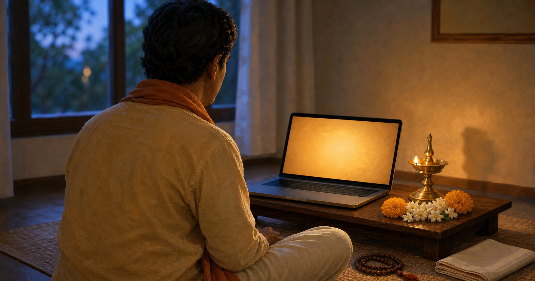 A seated devotee watches an abstract golden glow on a laptop beside an oil lamp, flowers, prayer beads, and a folded cloth.