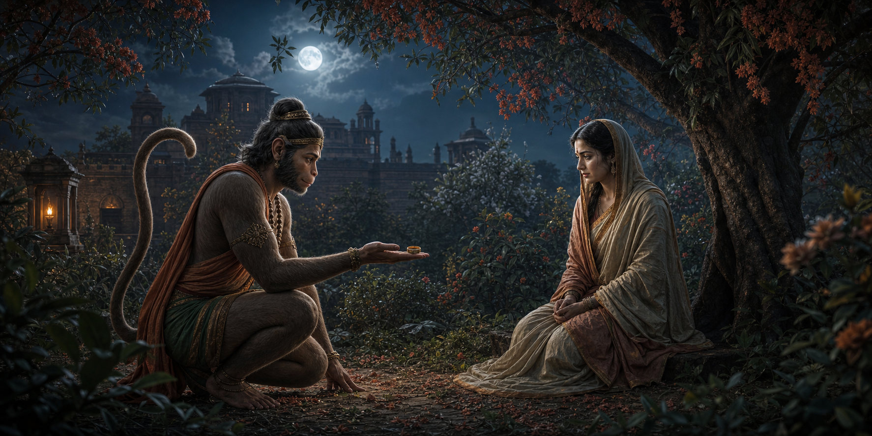 Hanuman kneels at a respectful distance from Sita in the Ashoka grove and presents a small ring in his open palm.