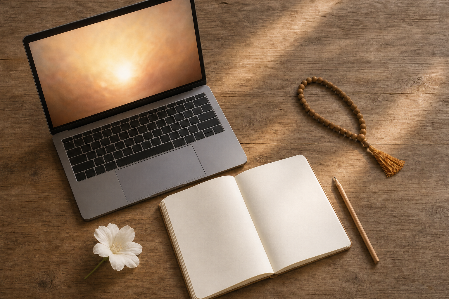 A laptop with an indistinct glowing screen sits beside a blank notebook, pencil, prayer beads, and a white flower.