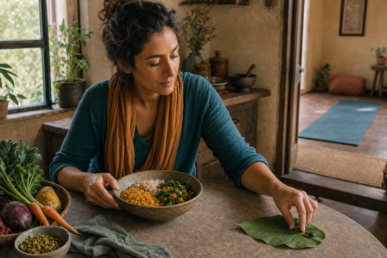 A person in a kitchen gently moves a beetle onto a leaf beside bowls of lentils, grains and vegetables, with a yoga mat visible in the next room.