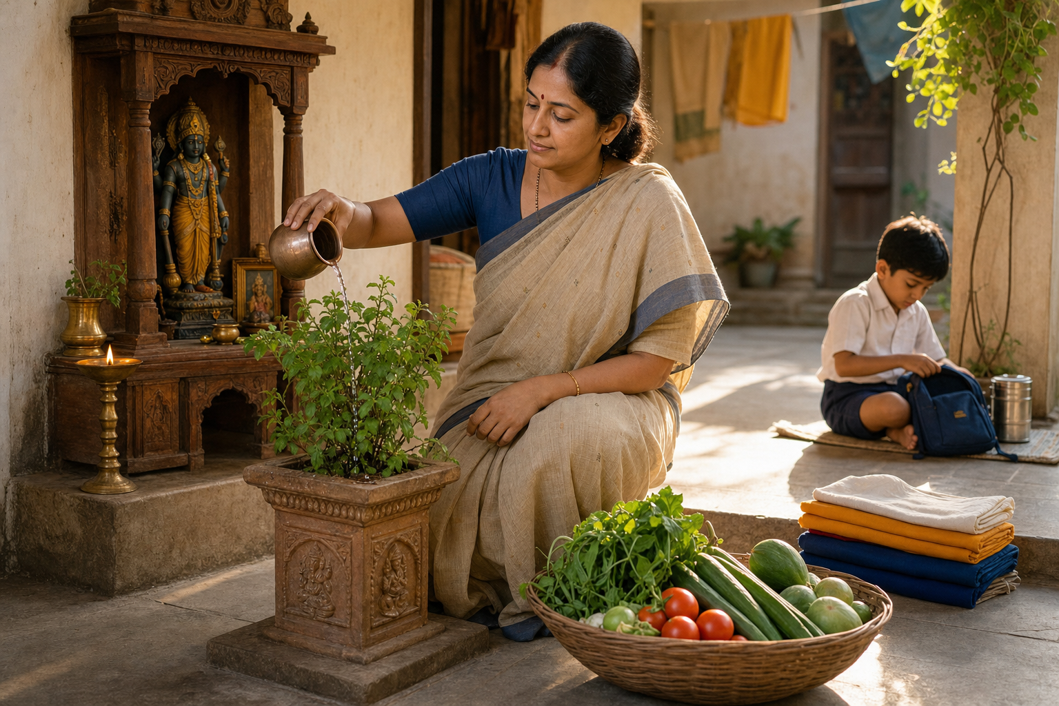 A householder waters a tulsi plant in a family courtyard while an oil lamp burns before a small Vishnu shrine nearby.