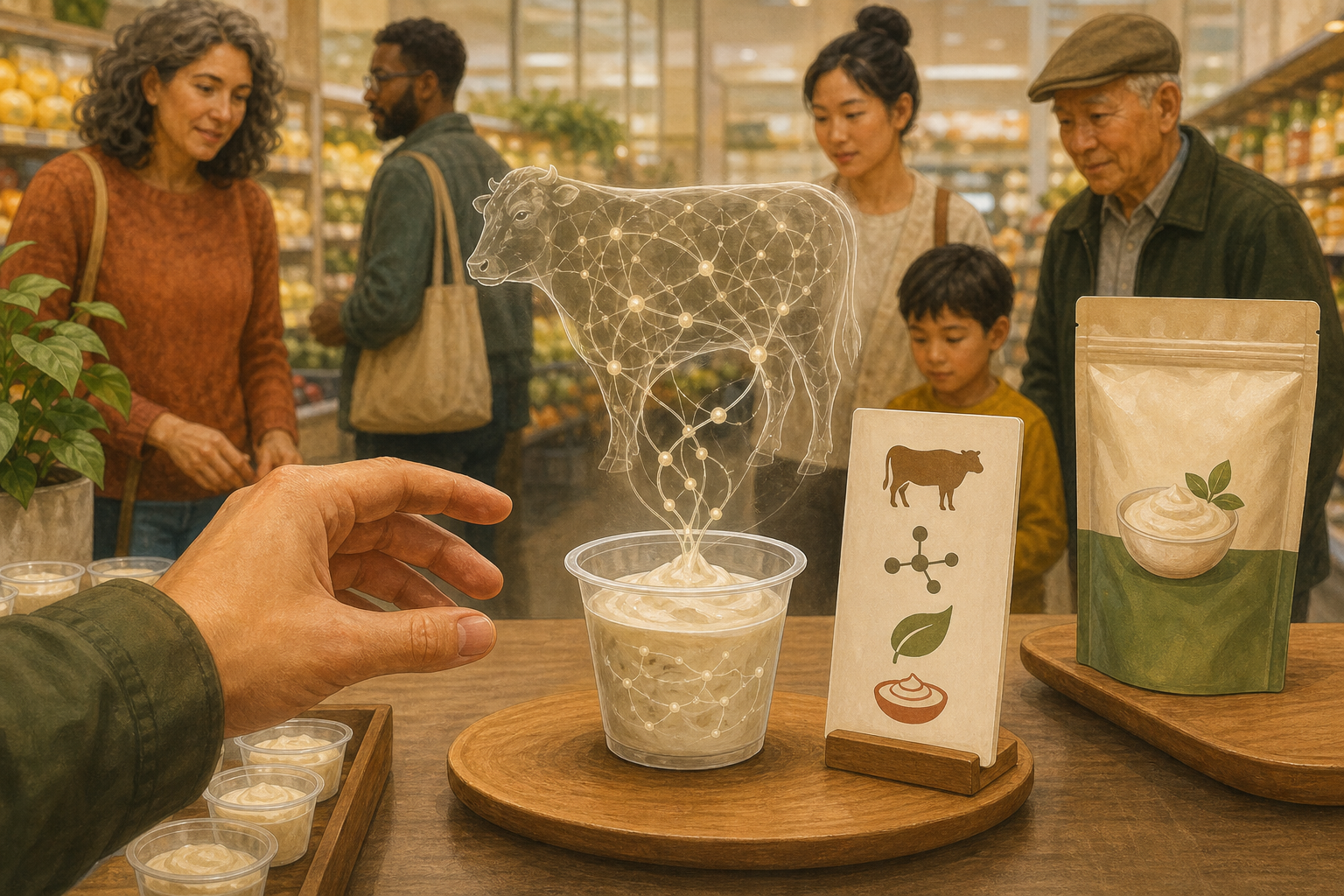 A shopper pauses before taking a sample cup as an illustration reveals a hidden bovine-derived ingredient and a source-disclosure card stands nearby.