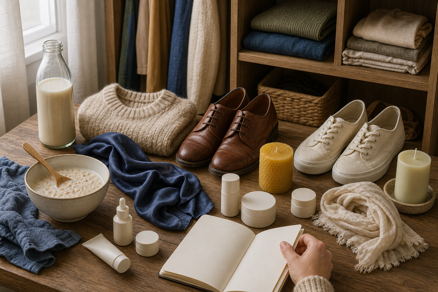 A table and wardrobe display dairy, wool, silk, leather, cosmetics and beeswax items beside plant-based and natural-fiber alternatives while a person reviews them with a blank notebook.