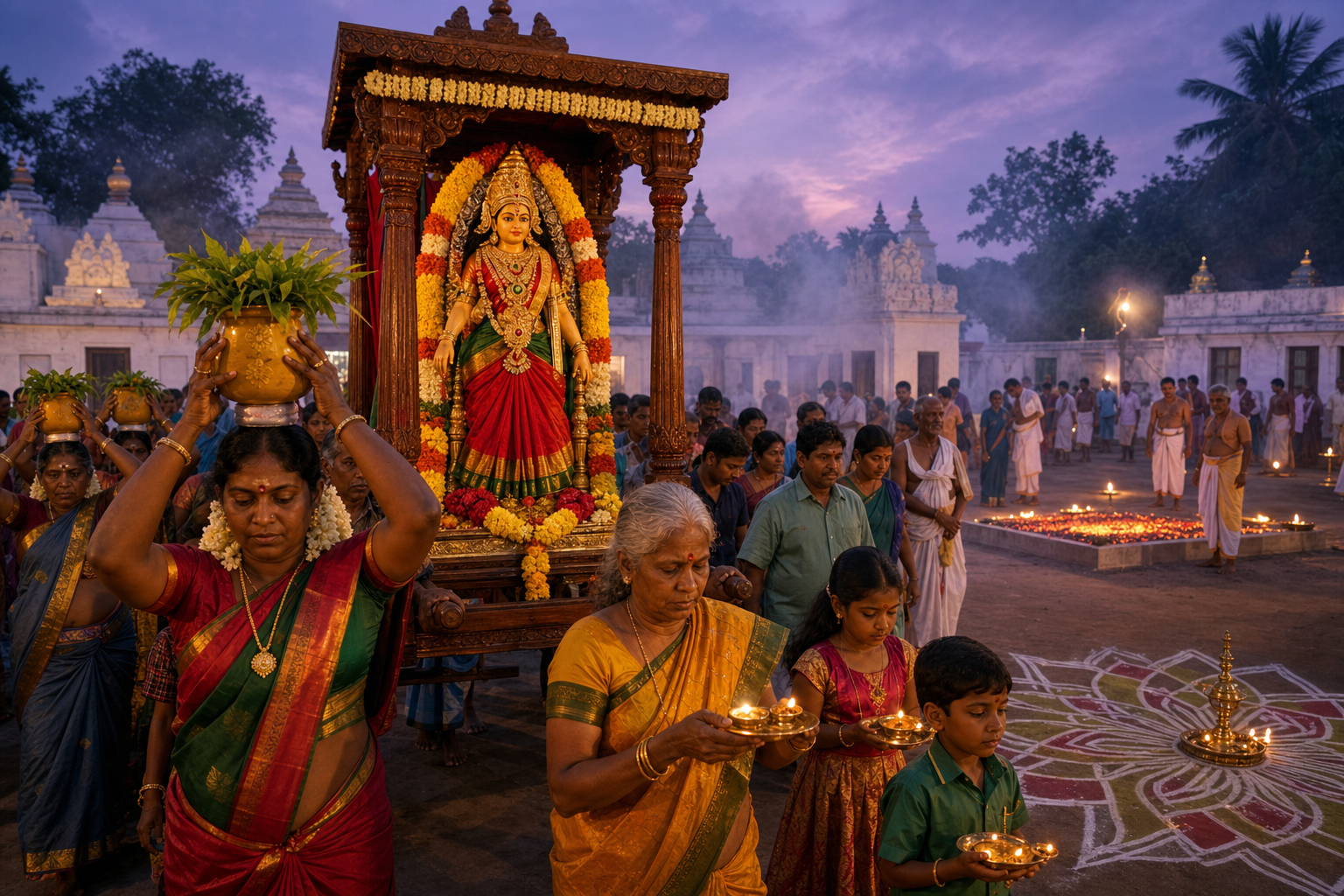 Devotees carry ritual pots and lamps beside a garlanded image of Draupadi Amman in a Tamil temple courtyard prepared for a fire-walking vow.