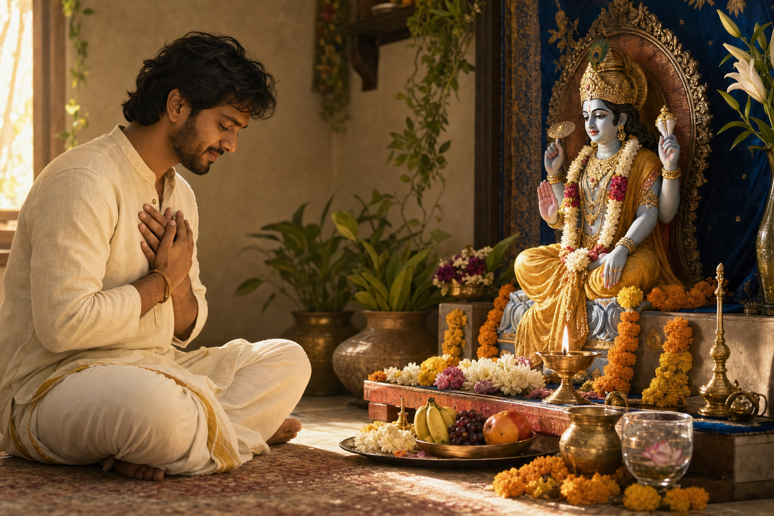 A seated devotee bows gratefully before a small Vishnu altar with flowers, fruit, water, and a lit oil lamp.