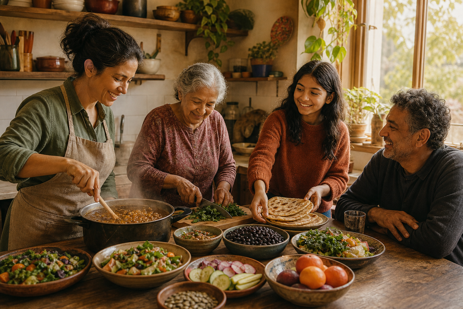 Three generations prepare a shared meal of lentil stew, greens, flatbread, beans, vegetables, fruit and seeds in a warm family kitchen.