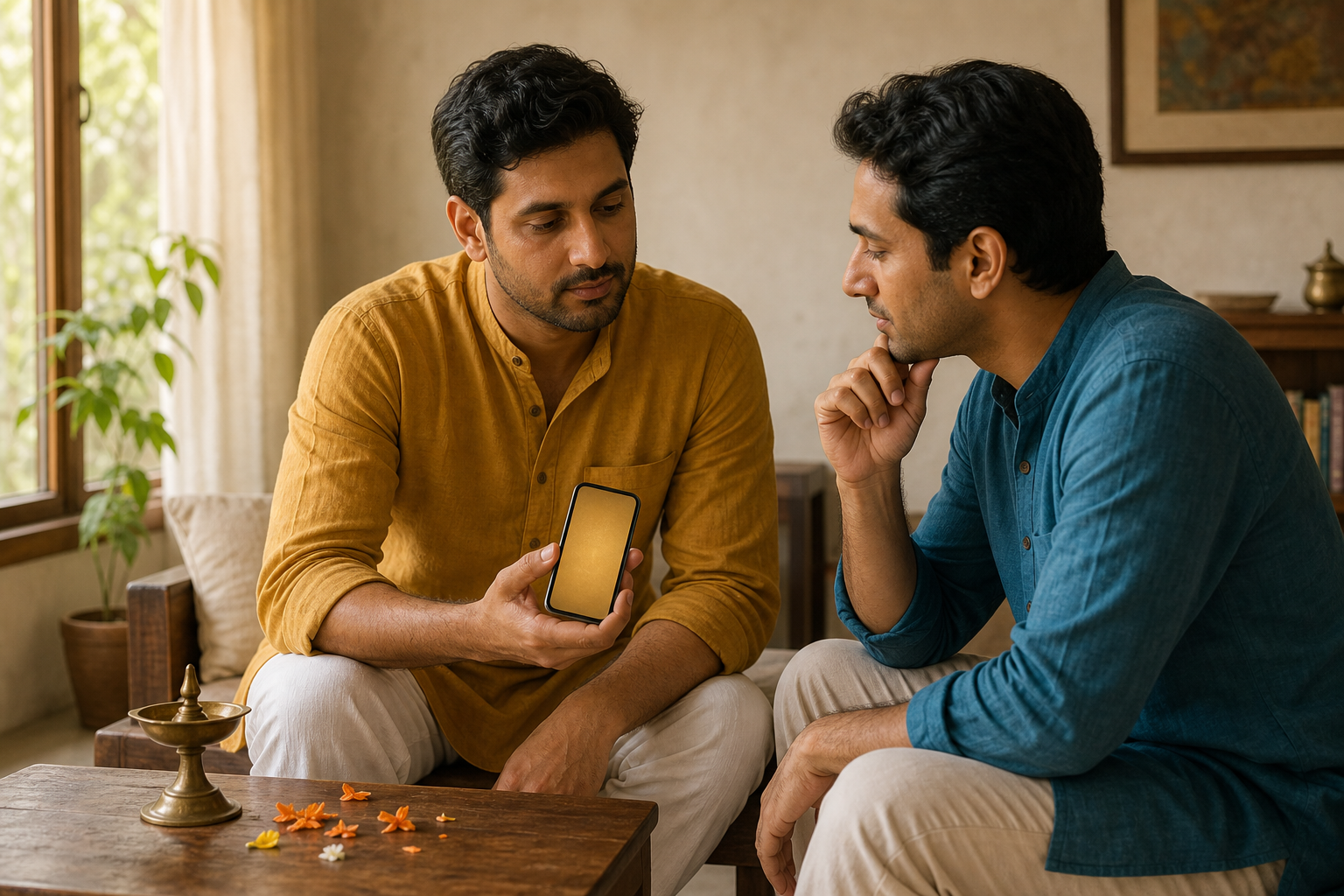 Two people look together at a smartphone showing an abstract golden image beside a brass lamp and flower petals.