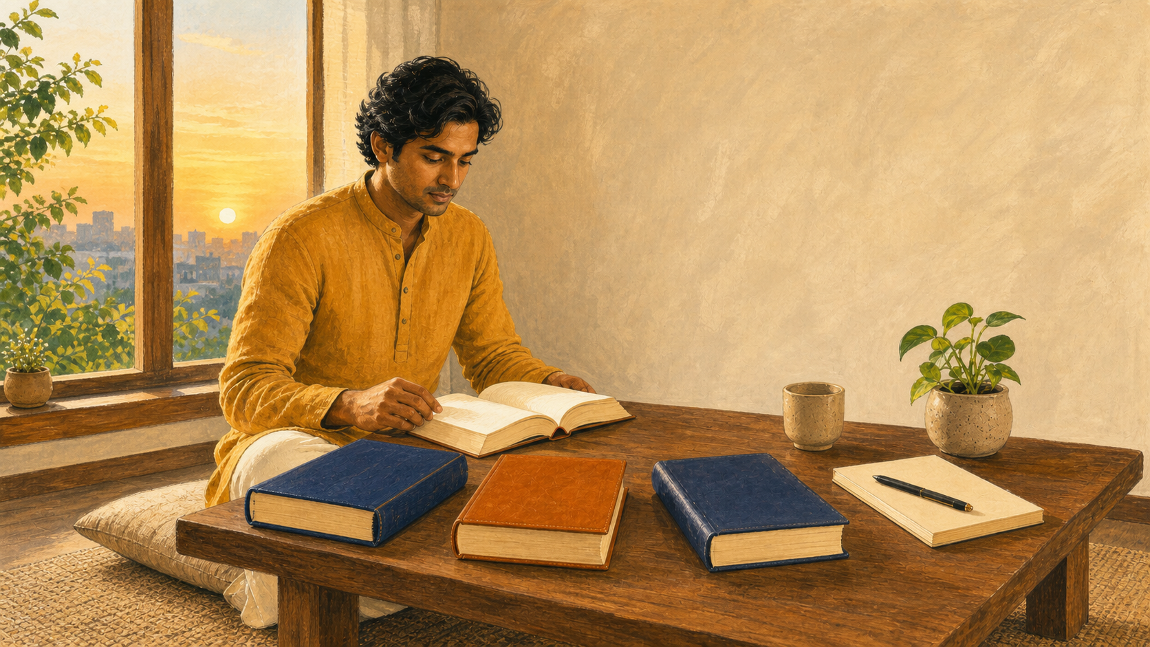 A person reads at a low table at sunrise with four differently bound books arranged separately beside a notebook, cup, and plant.