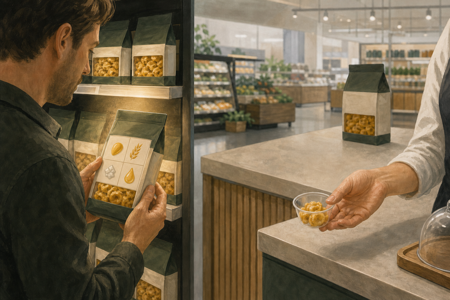 A split grocery-store scene contrasts a shopper inspecting a food package with a shopper being offered a sample while the package remains out of reach.