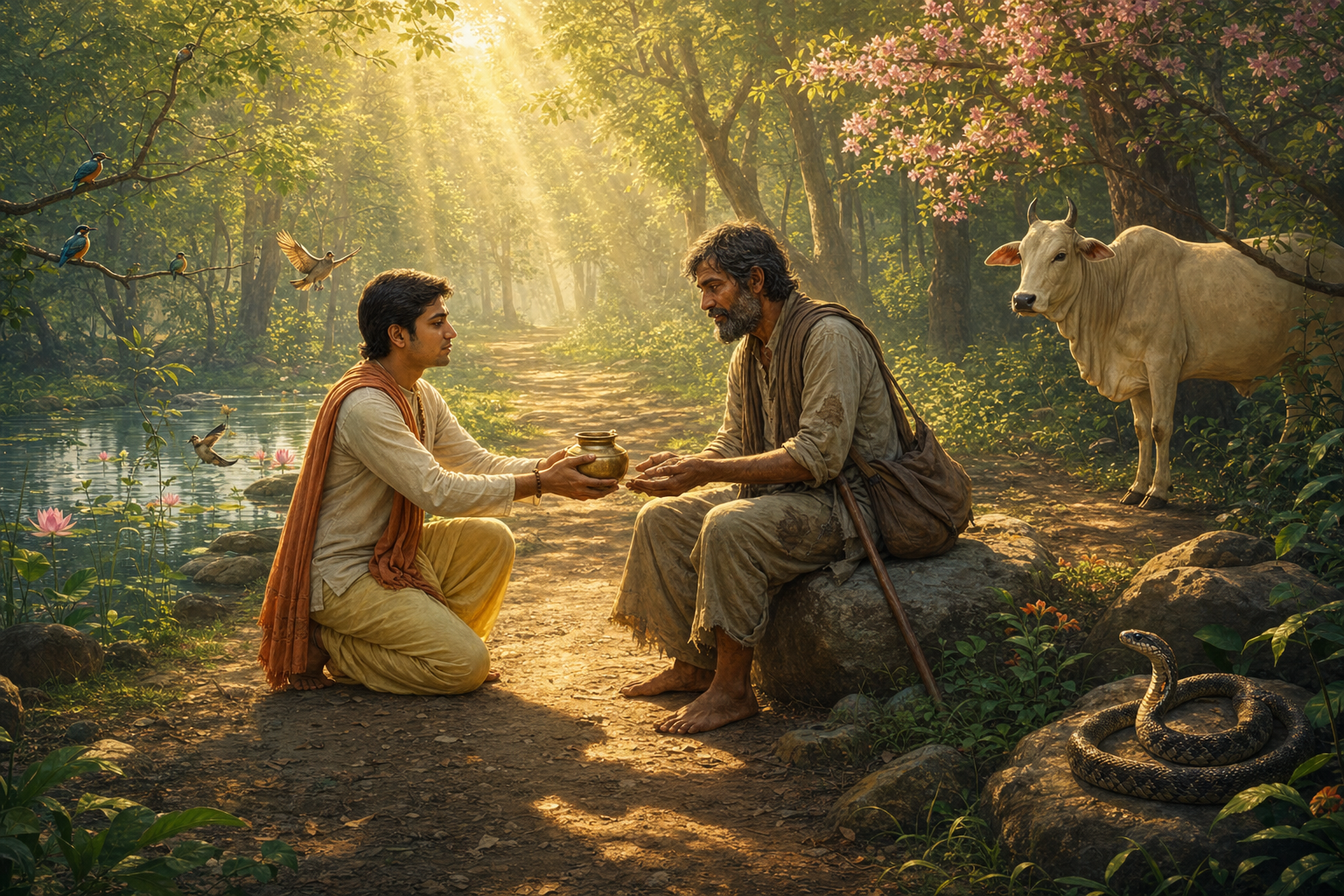 A devotee offers water to a traveler on a forest path while respectfully keeping a safe distance from a snake among nearby rocks.