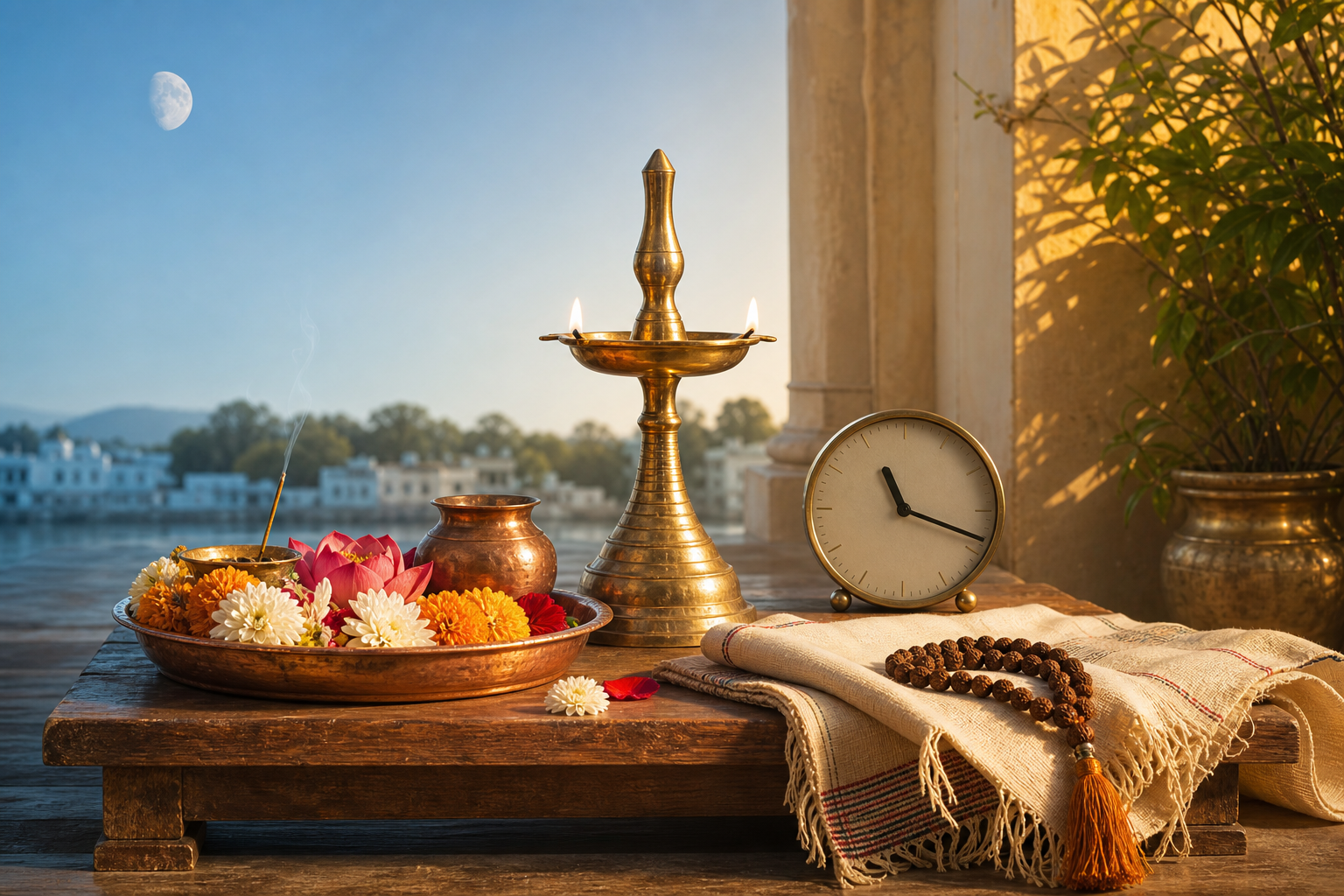 Brass puja objects and a numeral-free clock showing 11:18 are divided by cool morning light and warm late-morning sunlight, with a waning gibbous moon in the background.