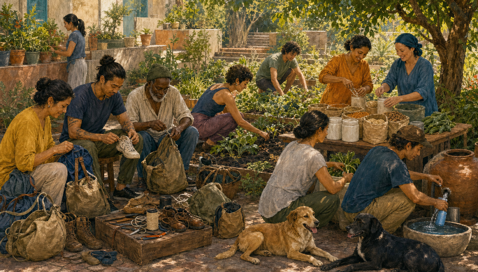 Neighbors repair reusable items, organize pantry staples, tend a vegetable garden and maintain a shaded water station near two resting dogs.