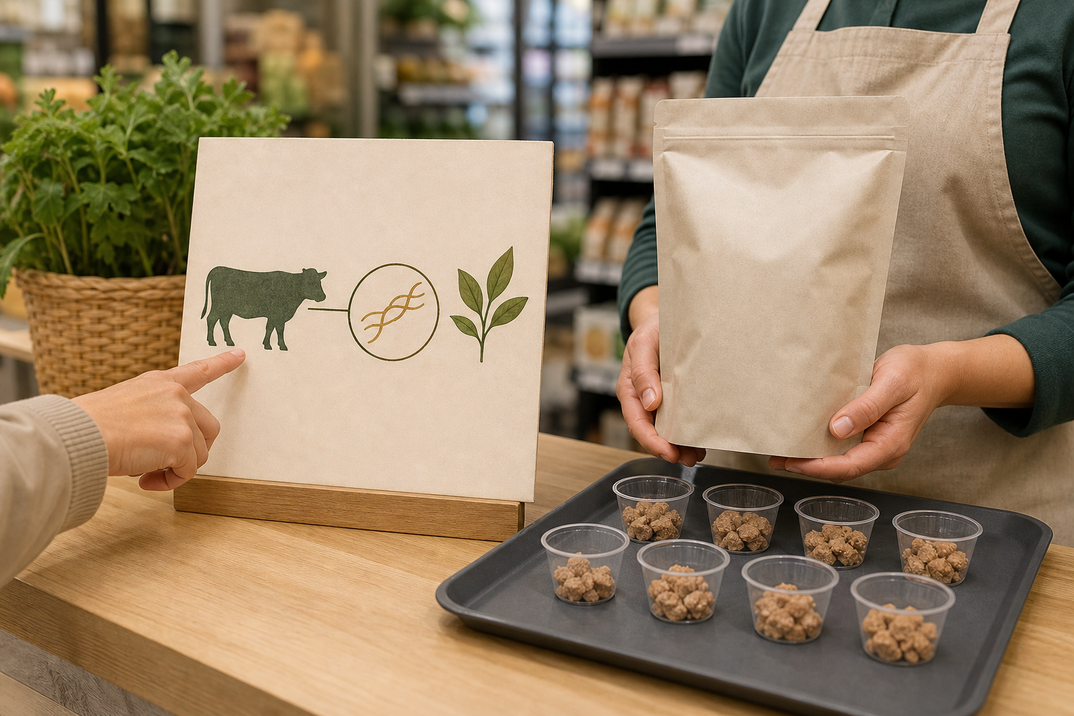 A sample tray, product container, and ingredient-source symbols are placed together as a shopper checks the information before choosing.