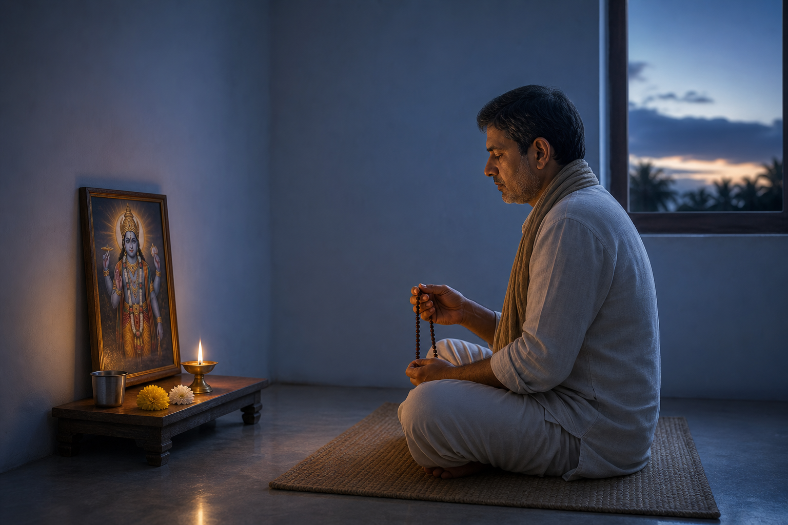 A tired-looking devotee uses prayer beads before a simple Vishnu shrine in the blue light before dawn.