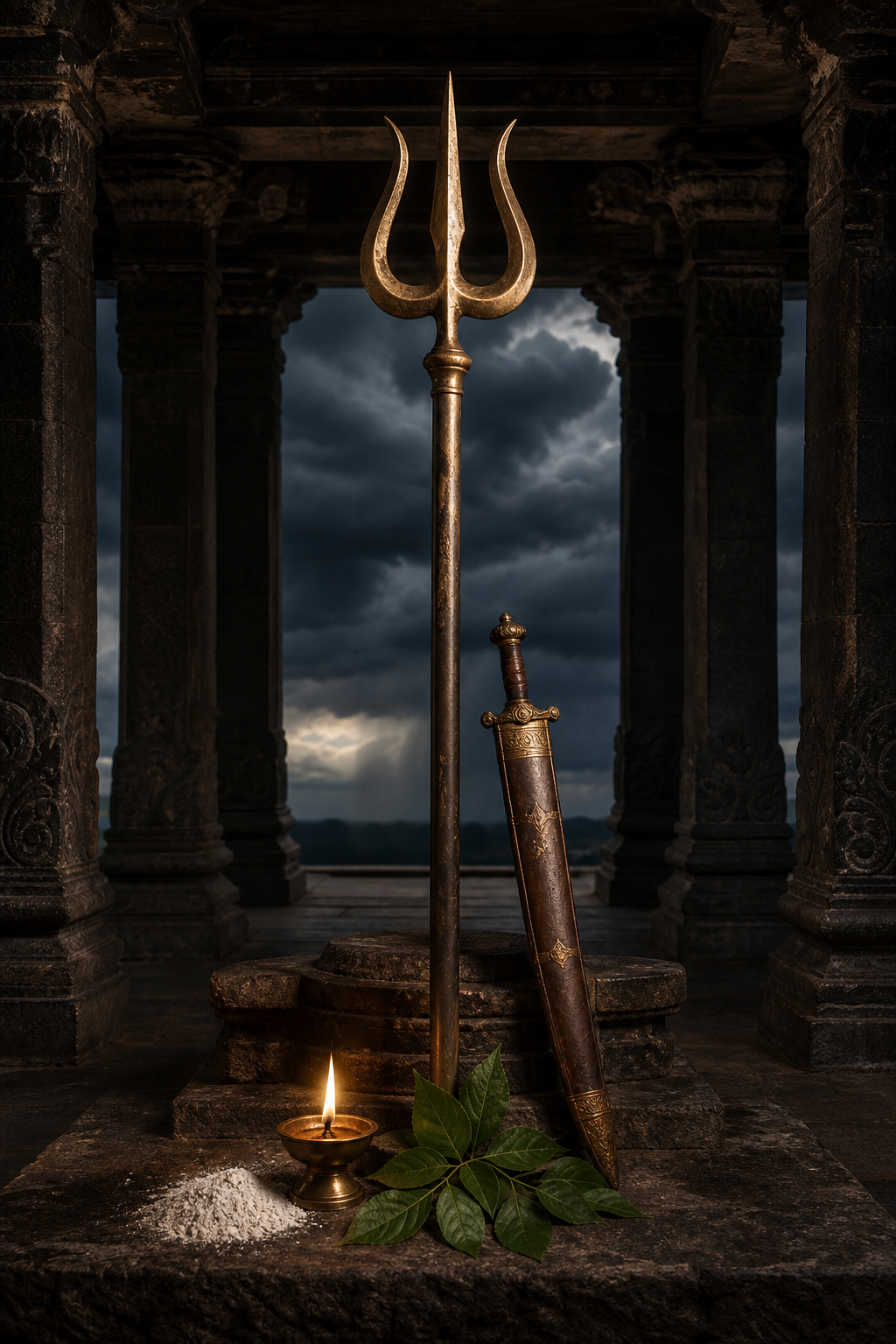 A trident, sheathed ceremonial sword, oil lamp, bilva leaves and sacred ash are arranged in a stone temple hall.