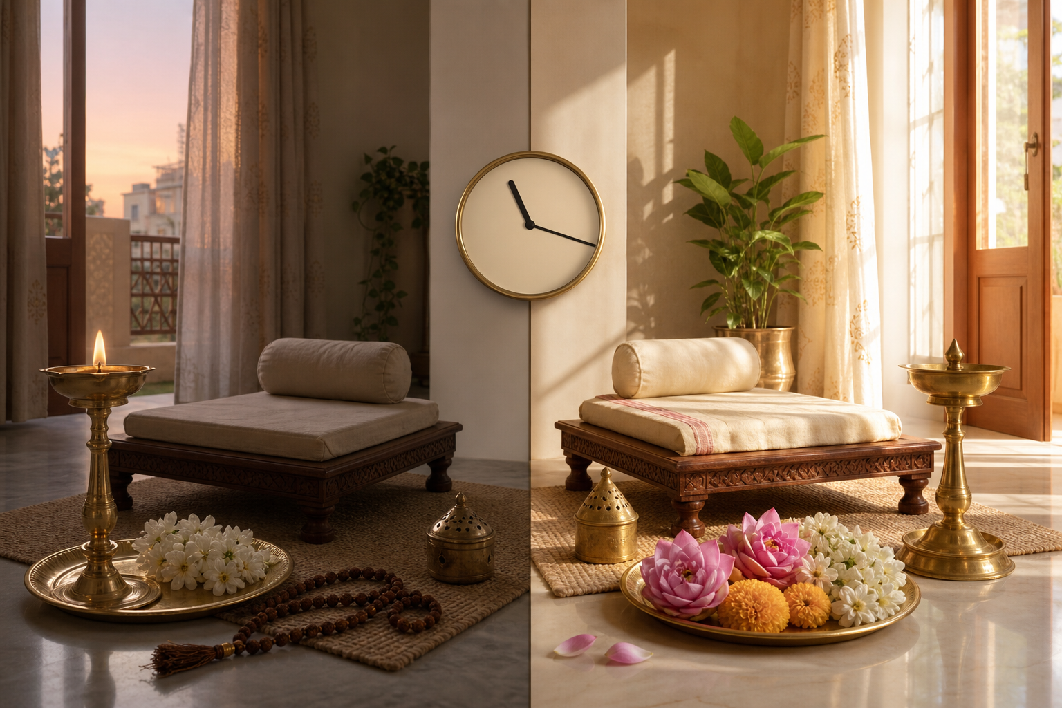 A two-part view of the same home puja area before and after late morning, separated by a numeral-free clock showing 11:18.