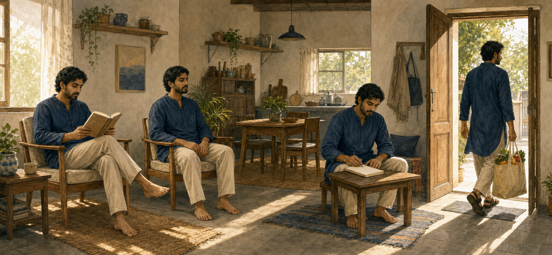 Four connected scenes show the same person reading, sitting in silence, writing privately, and leaving home with a bag of food.