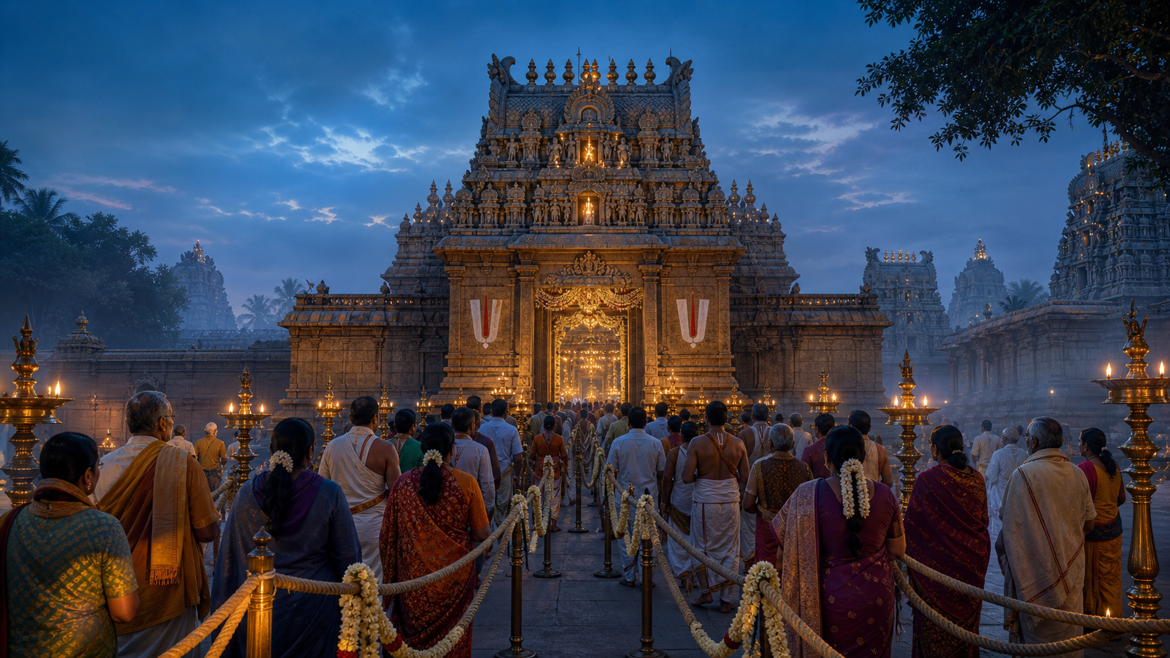 Pilgrims in traditional clothing approach a lamp-lit South Indian Vaishnava temple gateway before sunrise.