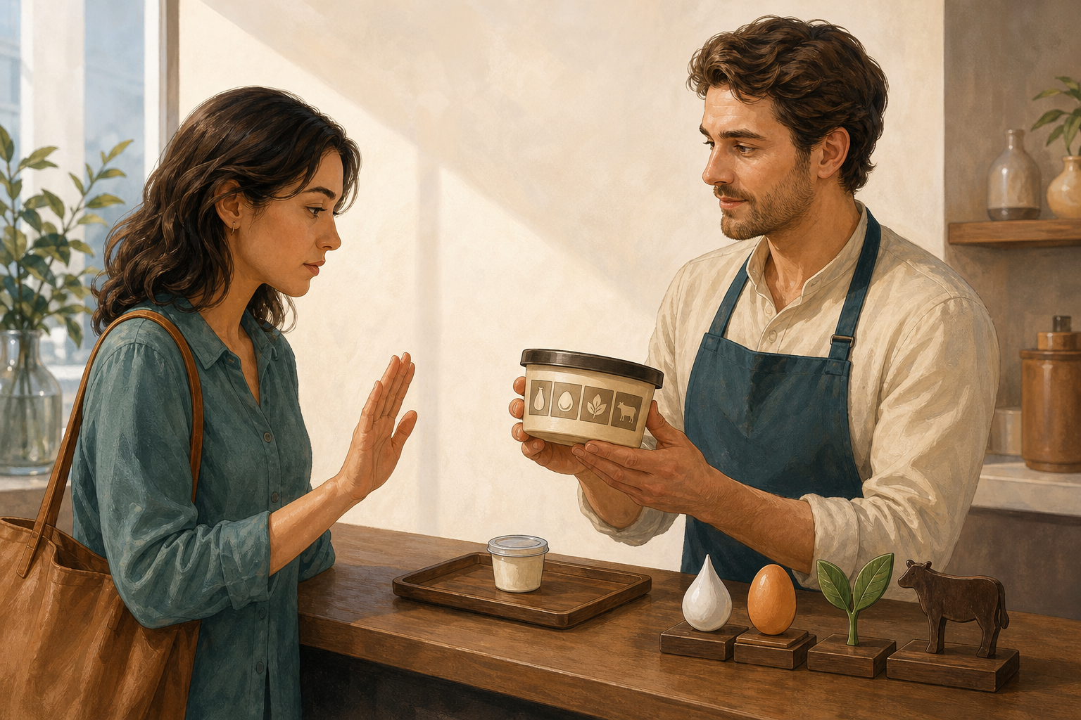A shopper politely pauses at a tasting counter while a server presents the product container for an ingredient-source check before the sample is taken.
