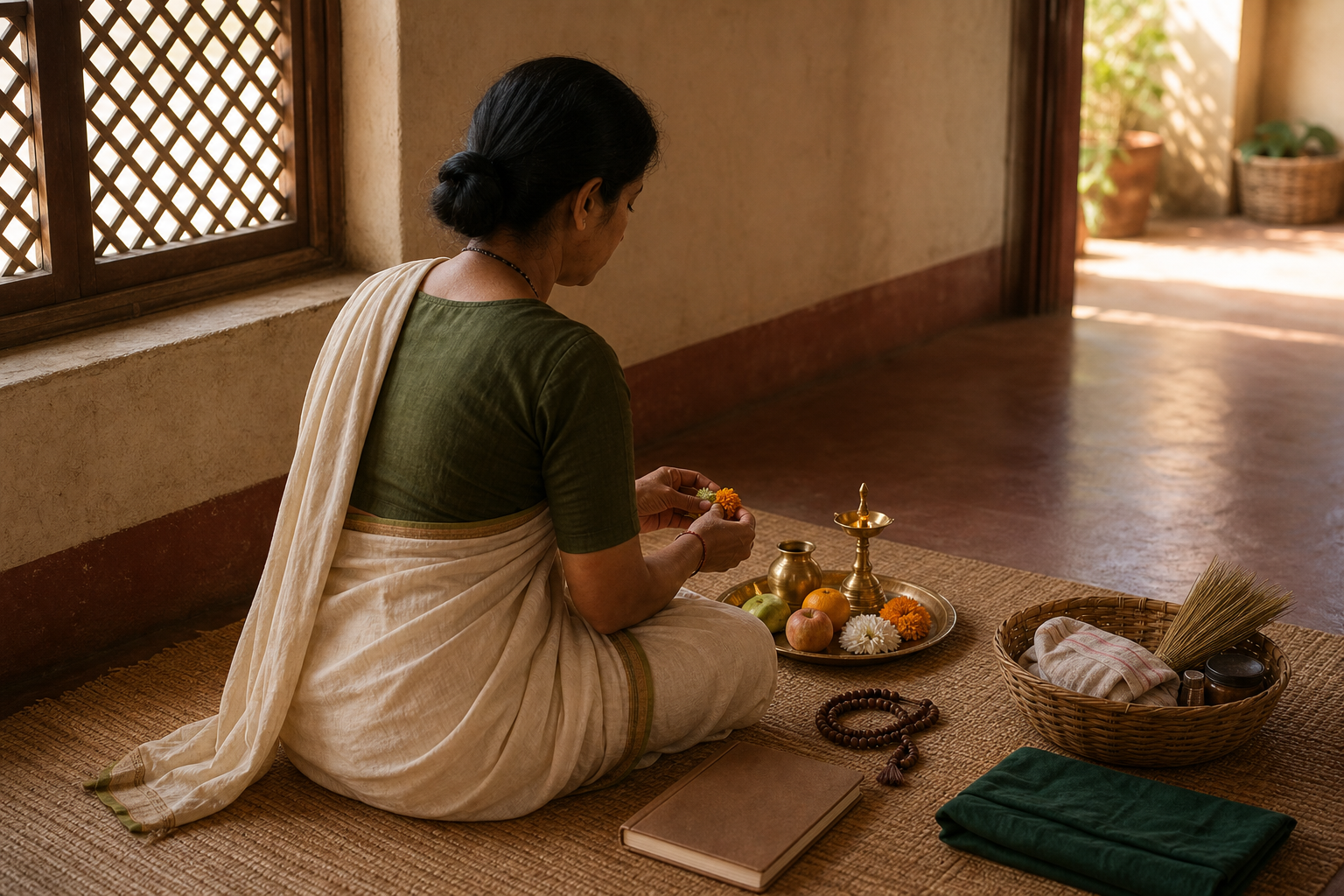 A practitioner prepares a simple puja tray in a sunlit home beside prayer beads, a closed notebook, folded cloth, and a basket of household supplies.