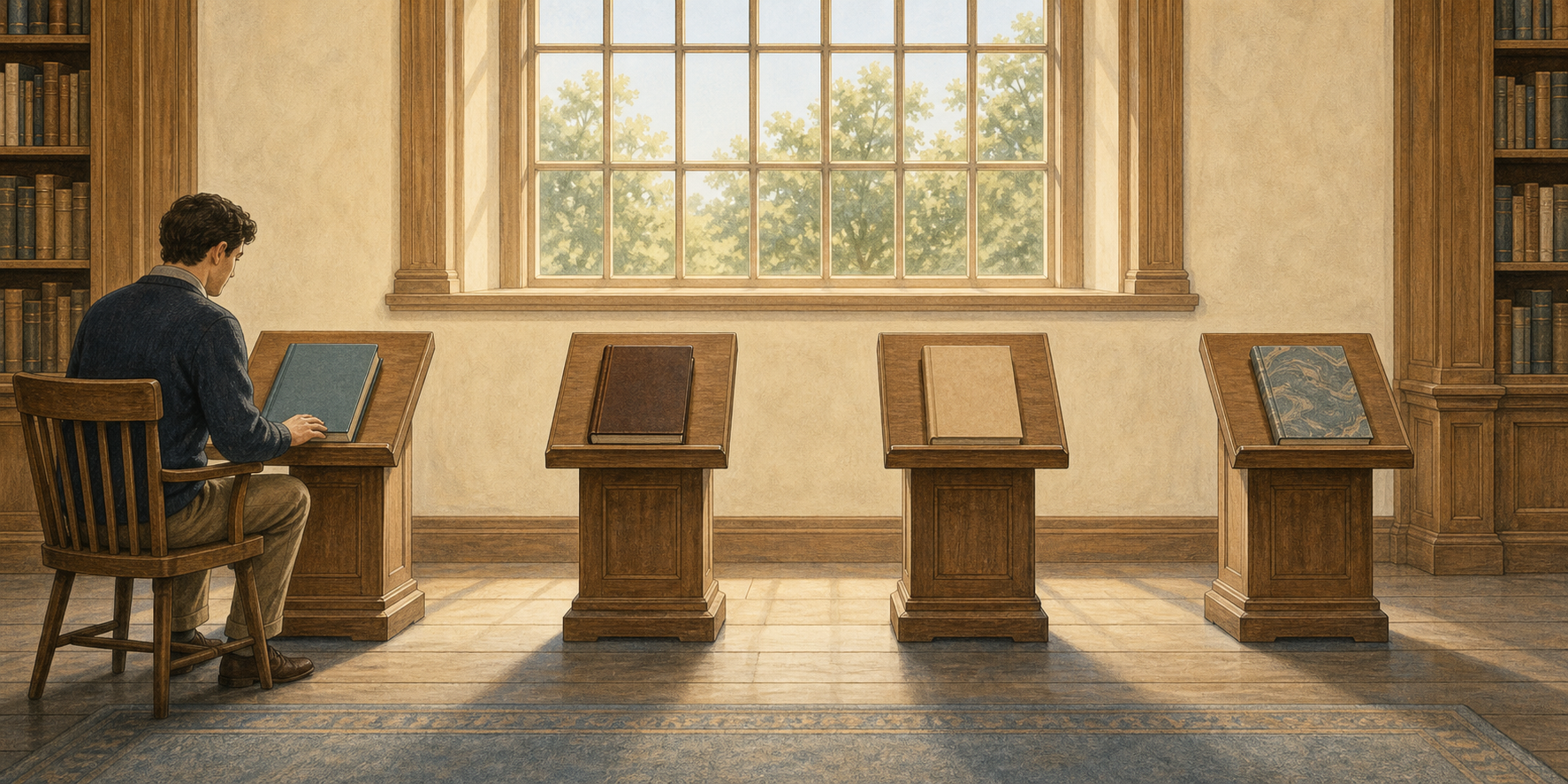 Four differently bound books rest on separate reading stands in the same sunlit library alcove as a reader studies one of them.
