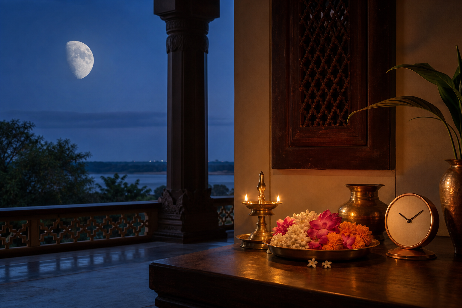 A waning gibbous moon rises beyond a veranda while a separate indoor arrangement holds a brass lamp, flowers, water vessel, and numeral-free clock.