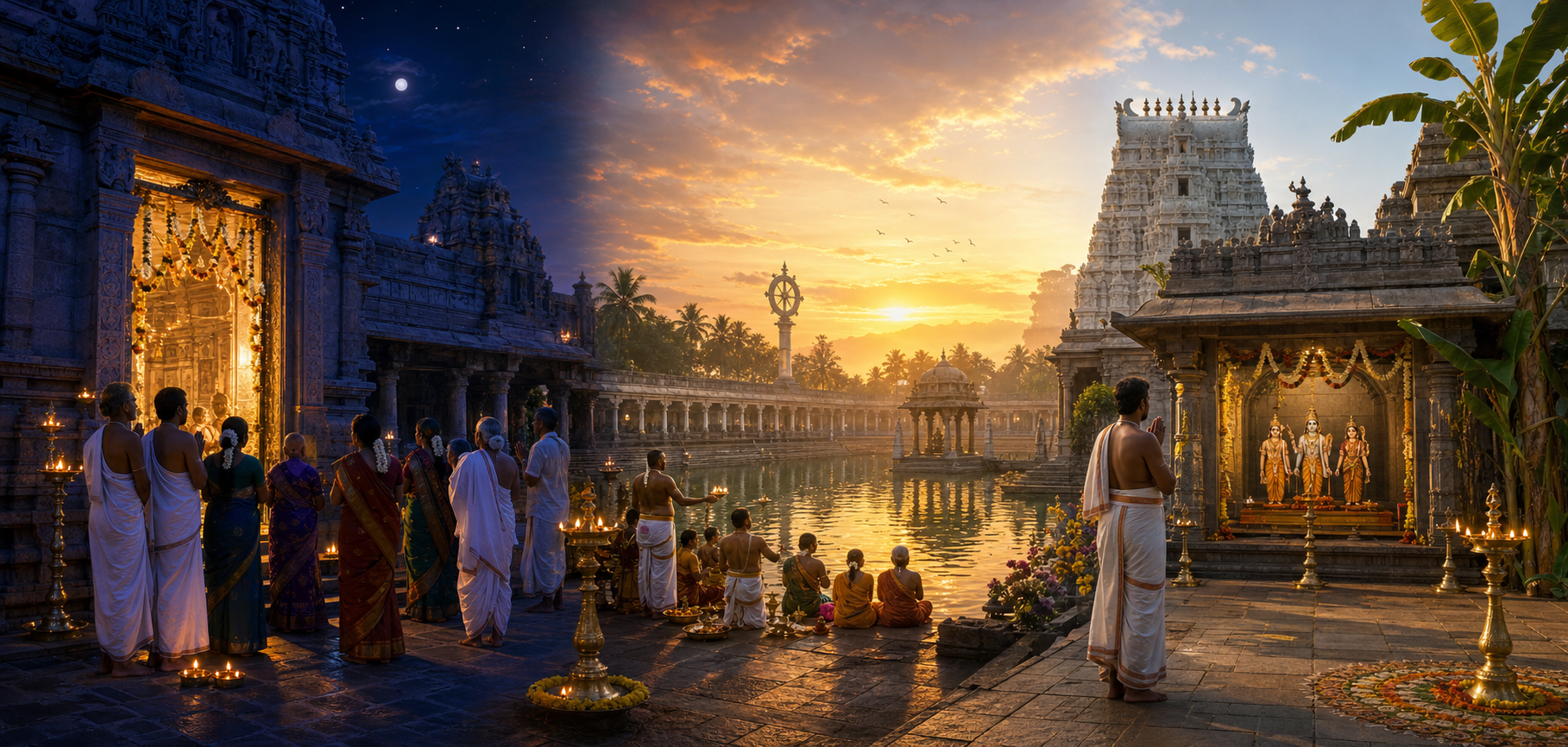 A panoramic illustration separates doorway worship, a dawn temple-tank ritual and prayer at a Rama shrine into three distinct scenes.