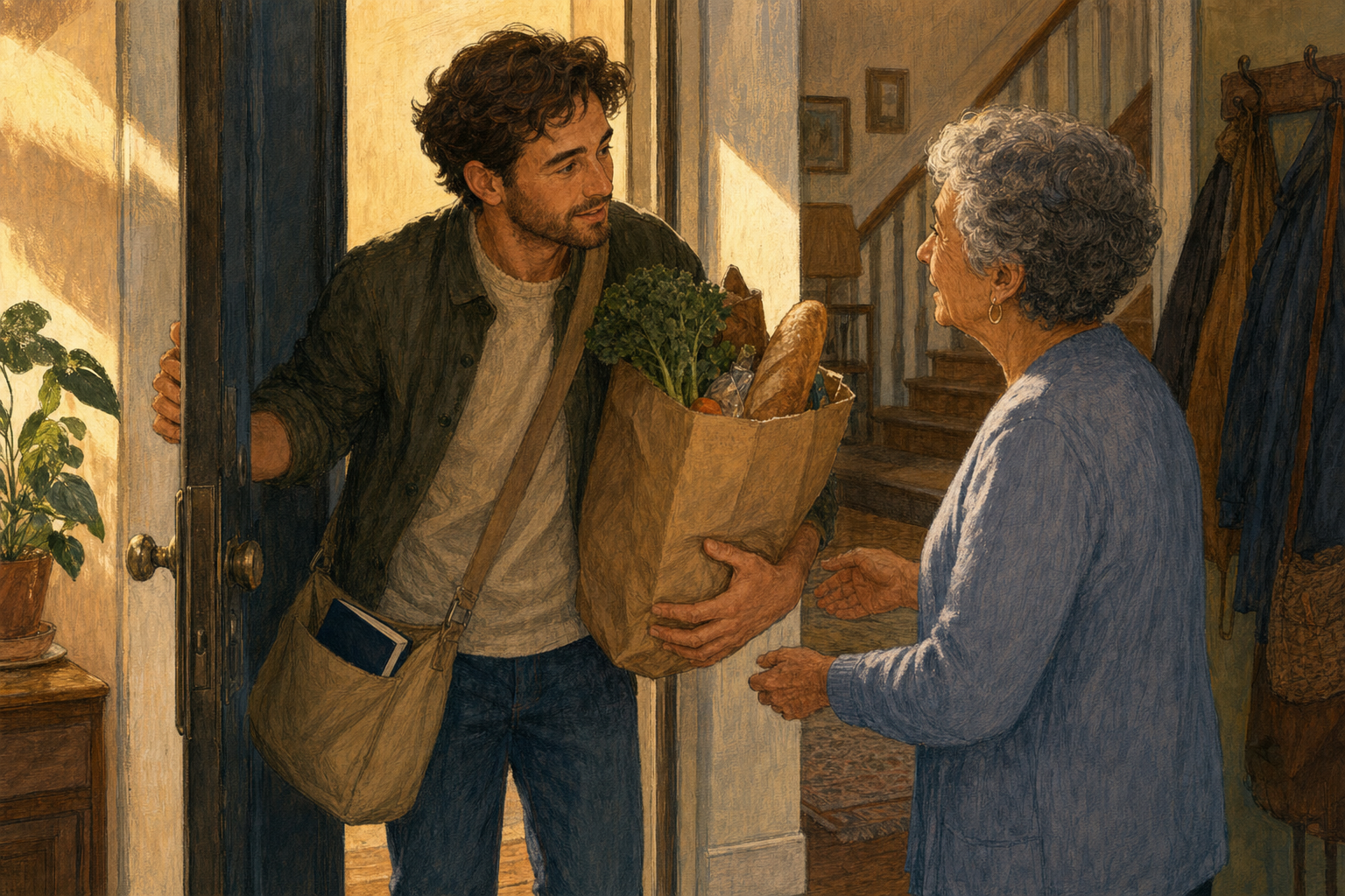 An adult holds a grocery bag and an apartment door for an older neighbor while listening to them in the hallway.