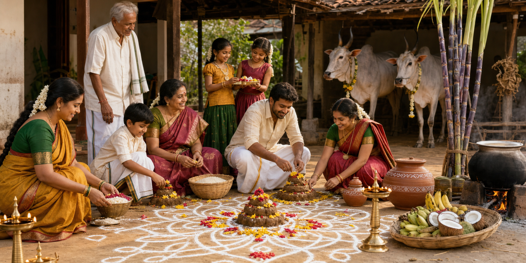 An Andhra family gathers around a rice-flour muggu, gobbemmalu, sugarcane, lamps and harvest offerings while two garlanded cattle rest in the background.