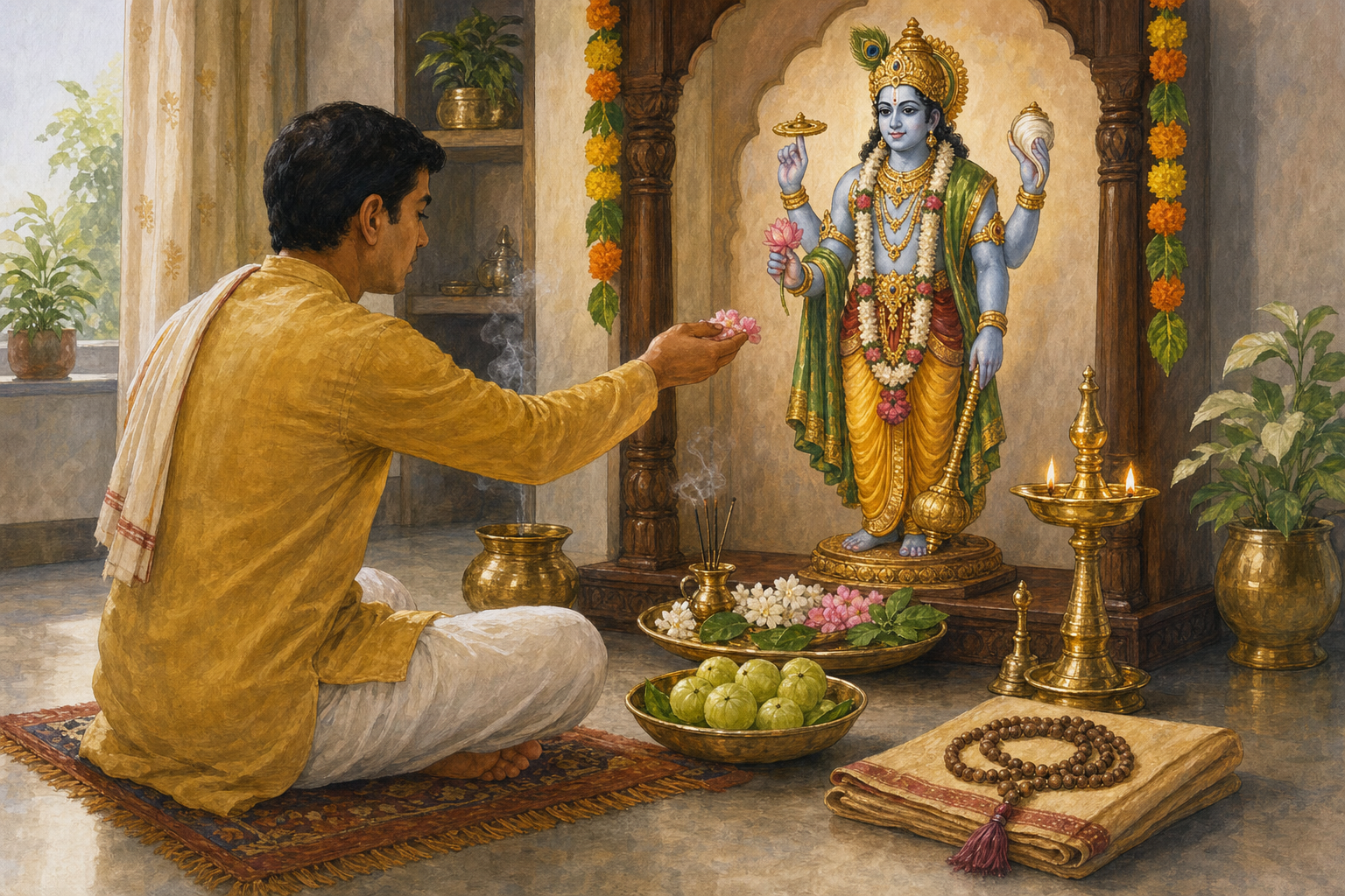 A devotee offers flowers, tulsi leaves, water, and amla fruits at a home Vishnu shrine.