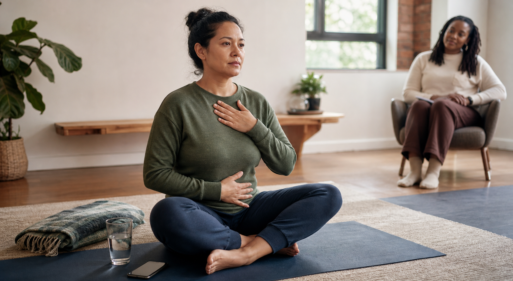 An adult sits grounded on a yoga mat with hands on the chest and abdomen while a facilitator remains nearby in a softly lit wellness room.