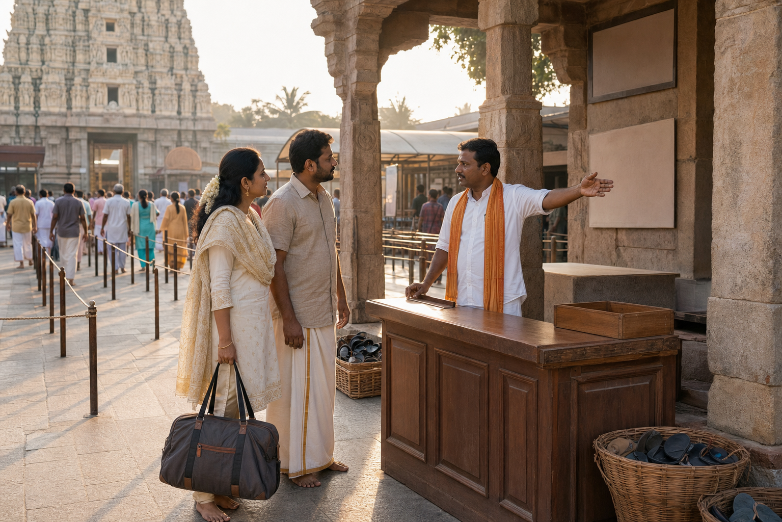 Two pilgrims ask a temple volunteer about the entry lanes outside a South Indian temple.