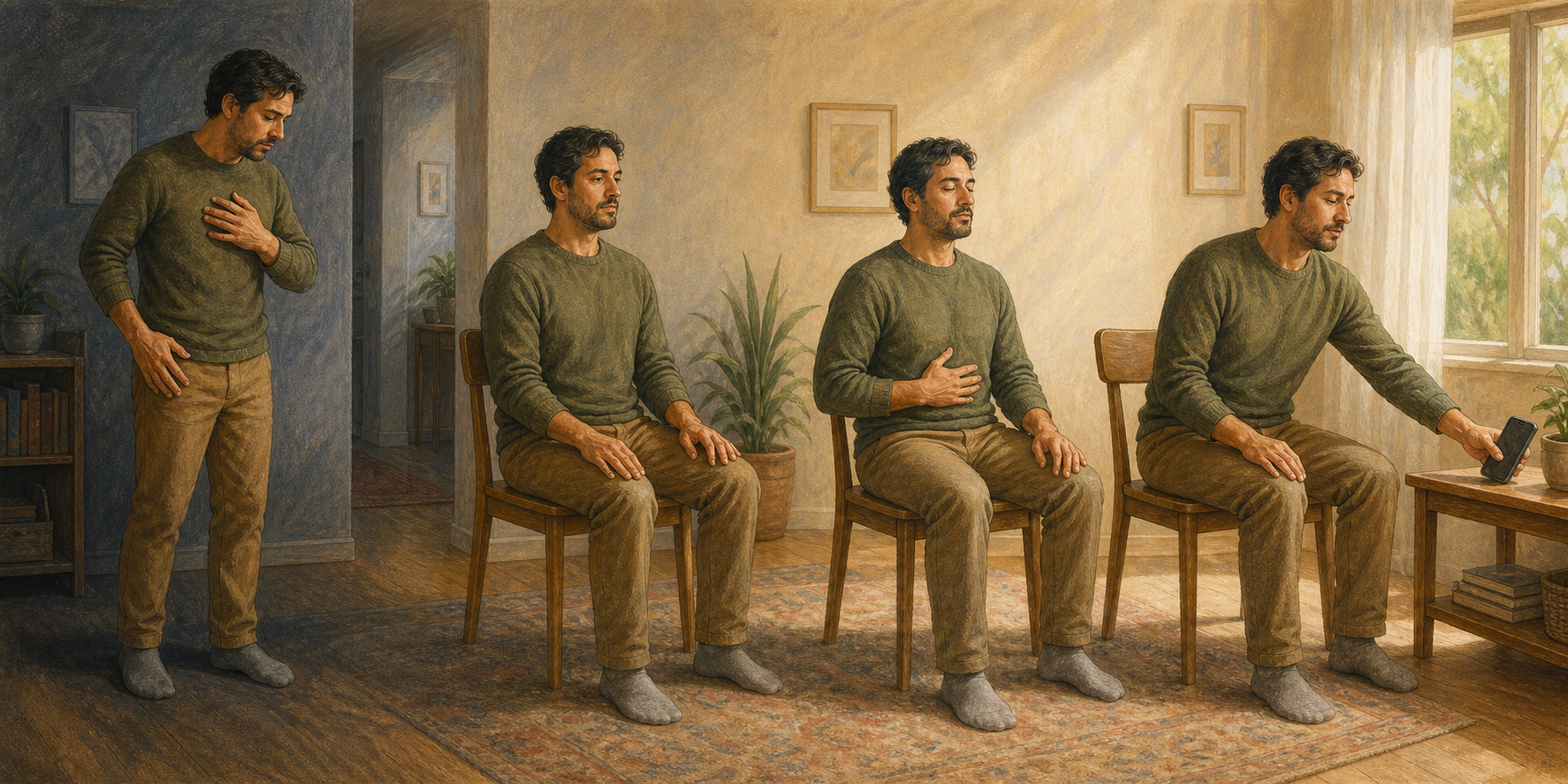 Four illustrated moments show an adult noticing tension, sitting with feet grounded, breathing gently, and reaching for a phone to contact support.