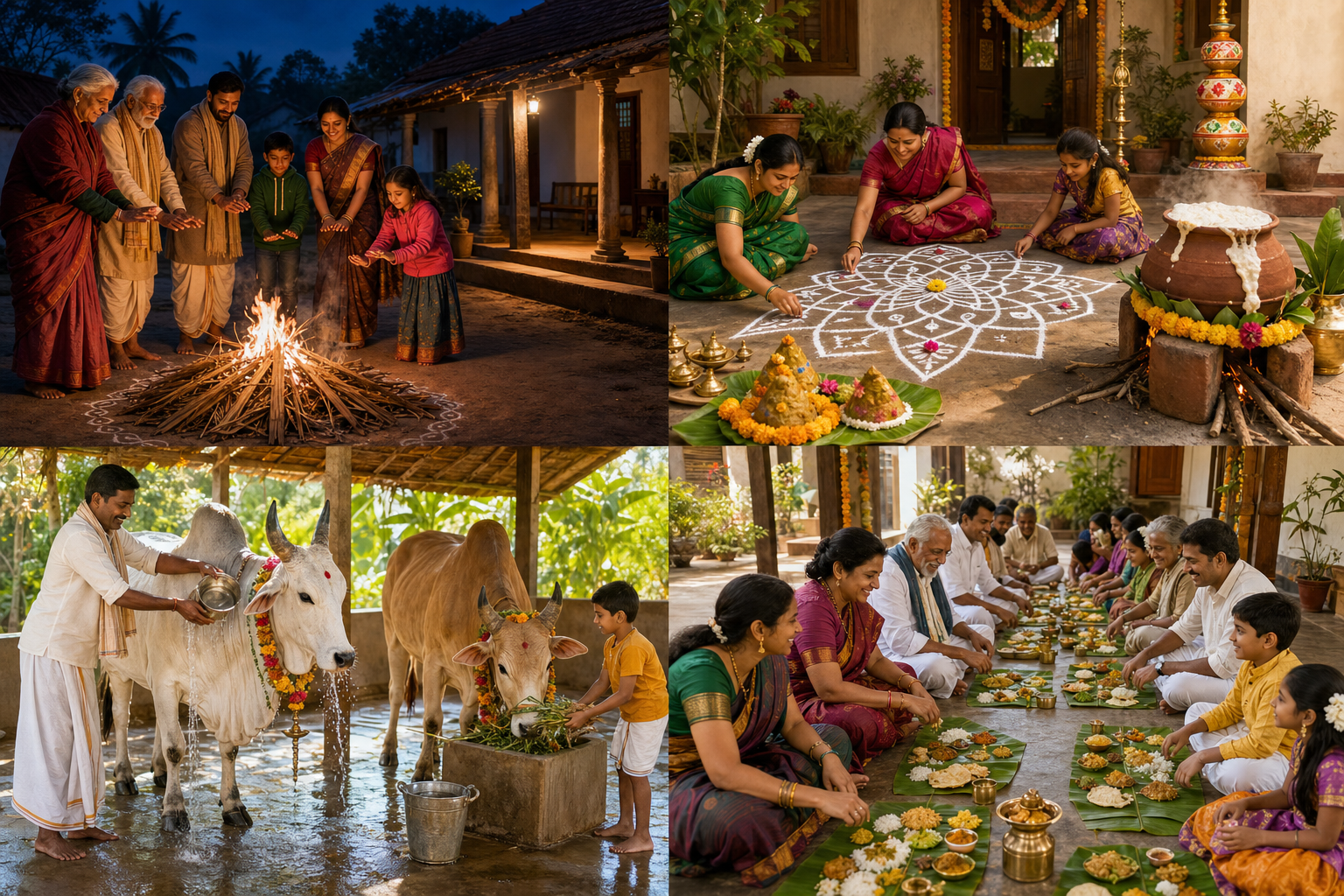 Four scenes show a supervised Bhogi fire, Sankranthi muggu and pongali, gentle Kanuma cattle care, and a Mukkanuma community meal.