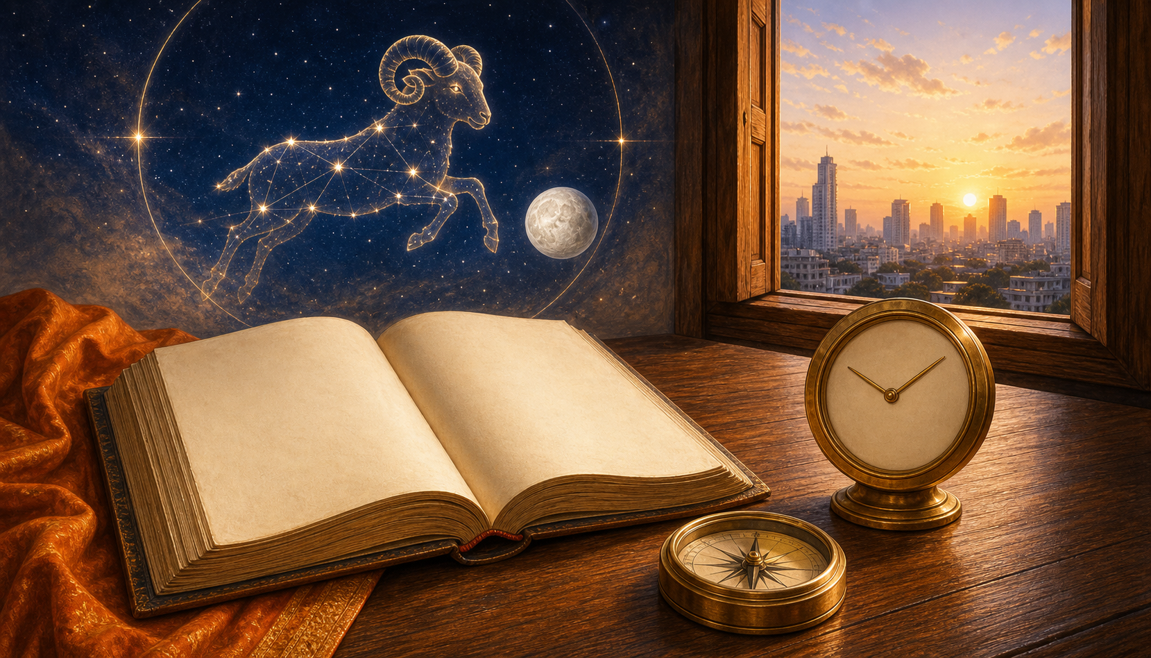An almanac, compass, and numeral-free clock sit beside a window beneath a glowing ram constellation and Moon at dawn.